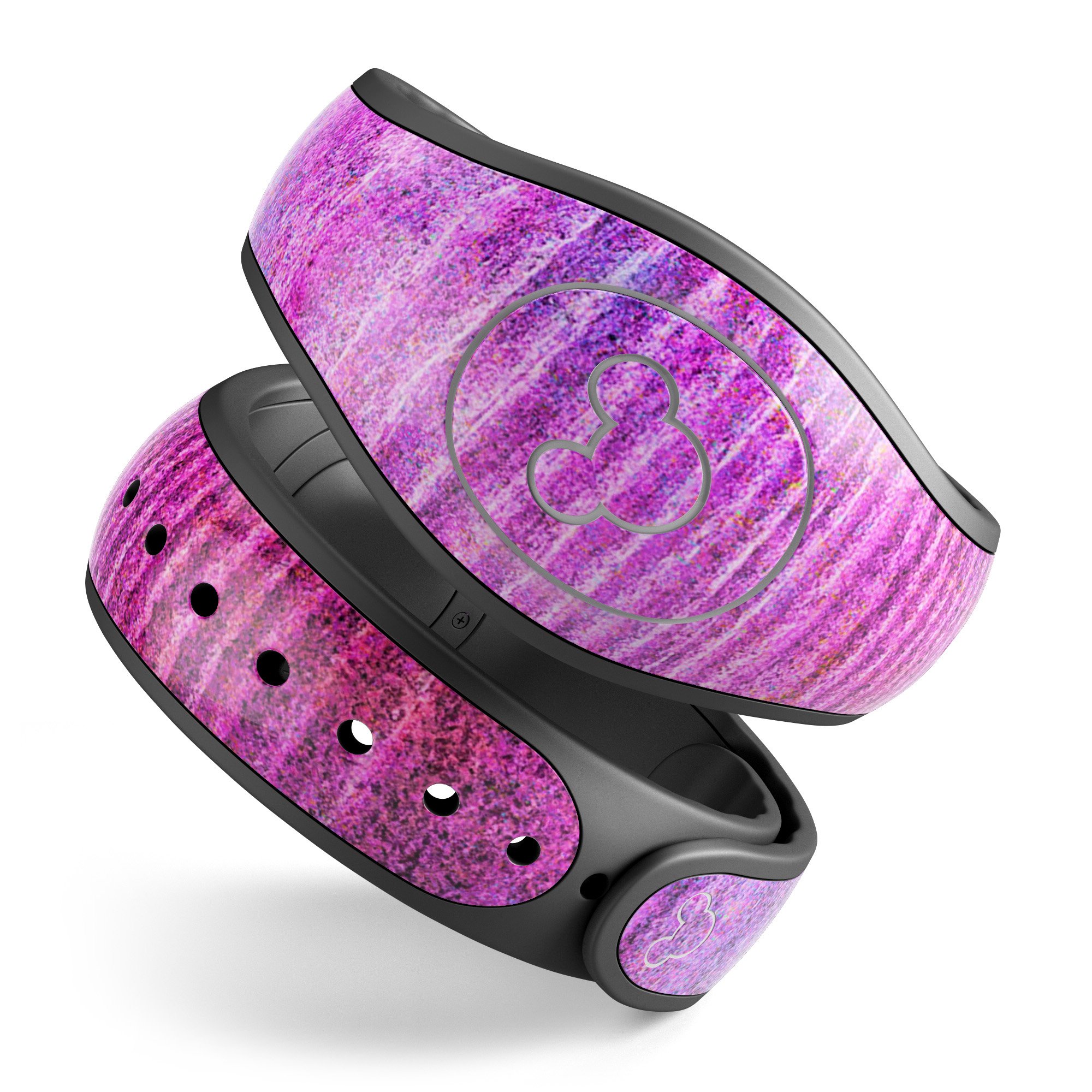 Neon pink dyed wood grain decal skin wrap kit for Disney Magic Band, showcasing vibrant colors and a stylish design.