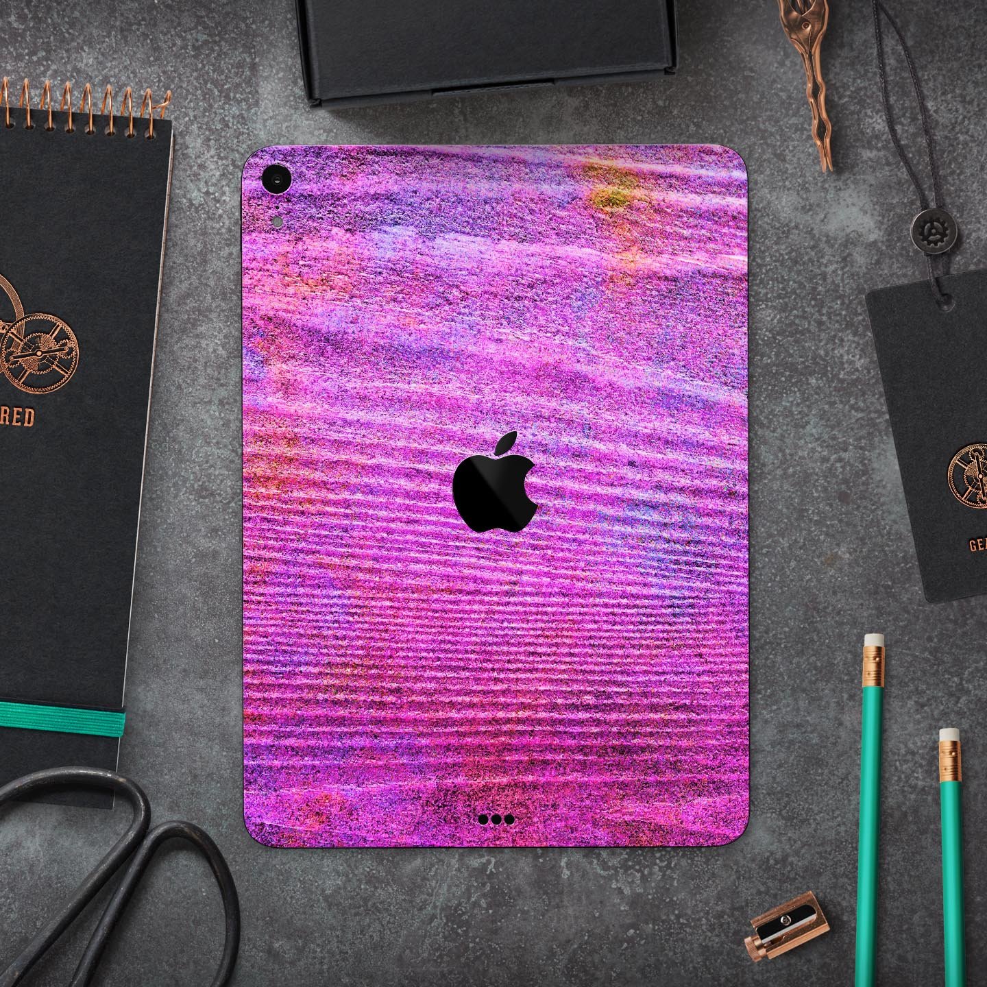 Neon Pink Dyed Wood Grain skin decal for Apple iPad, showcasing vibrant colors and a sleek design.