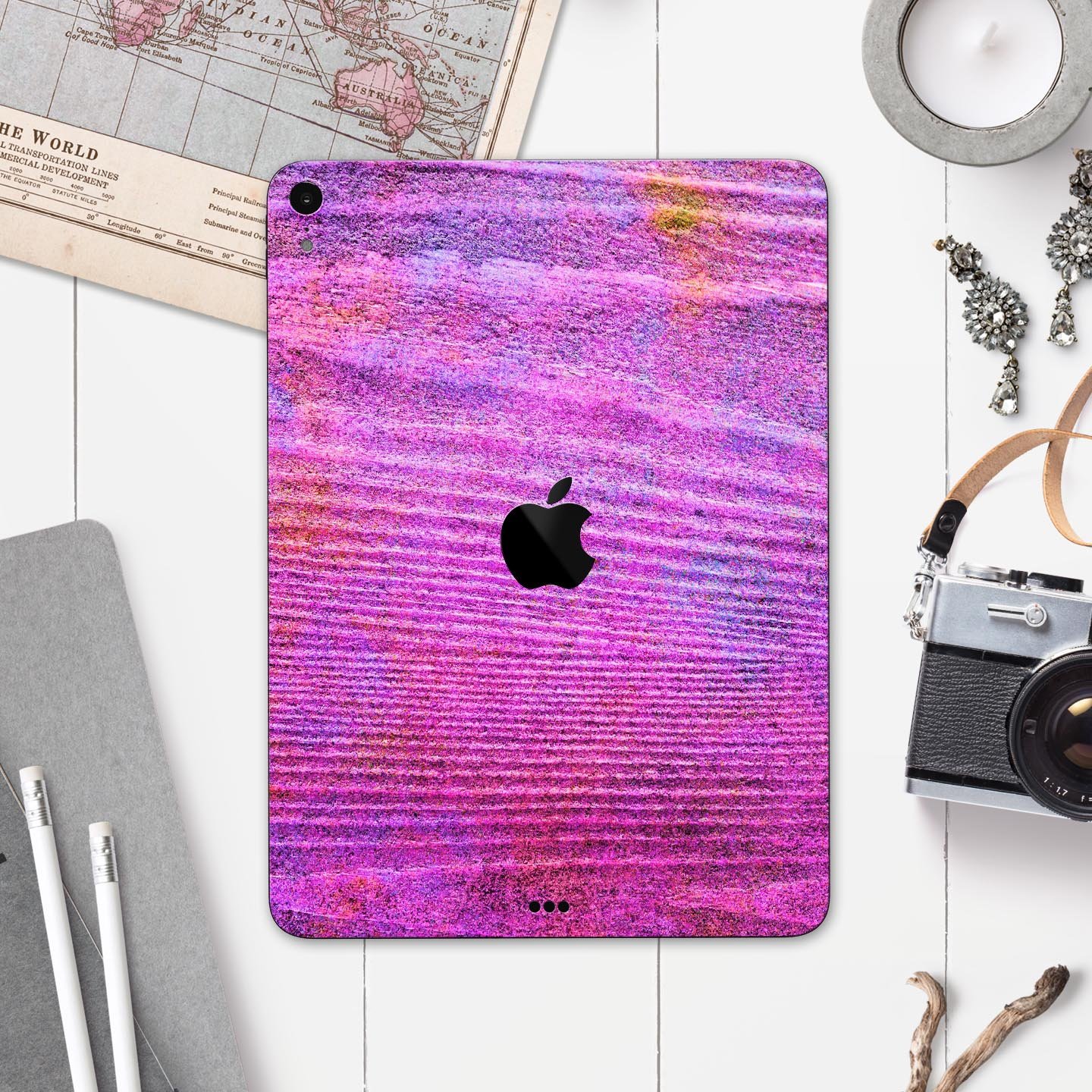 Neon Pink Dyed Wood Grain skin decal for Apple iPad, showcasing vibrant colors and a sleek design.