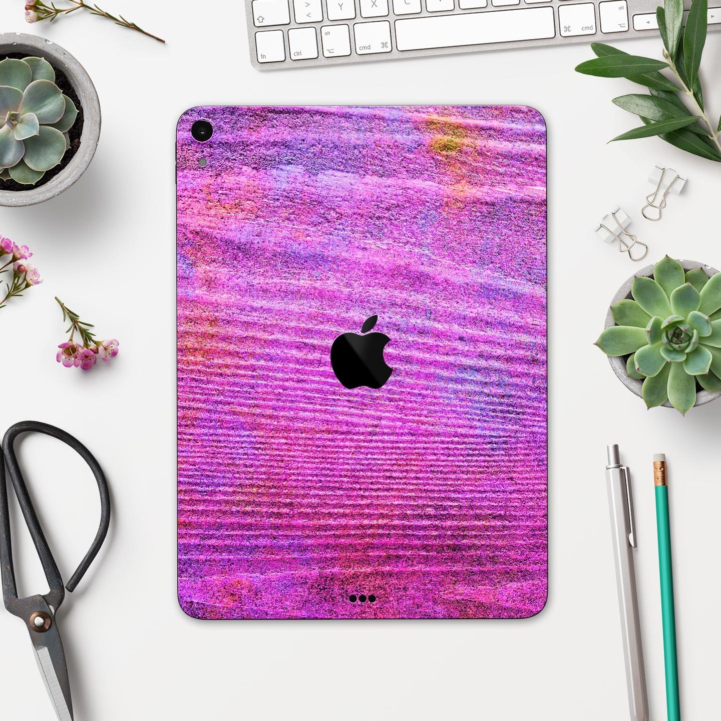 Neon Pink Dyed Wood Grain skin decal for Apple iPad, showcasing vibrant colors and a sleek design.