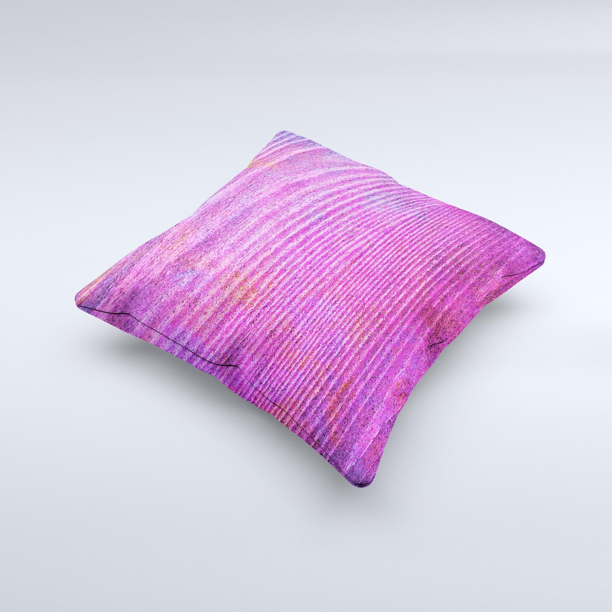 Vibrant neon pink decorative throw pillow with wood grain design, handcrafted in Virginia, showcasing unique imperfections.
