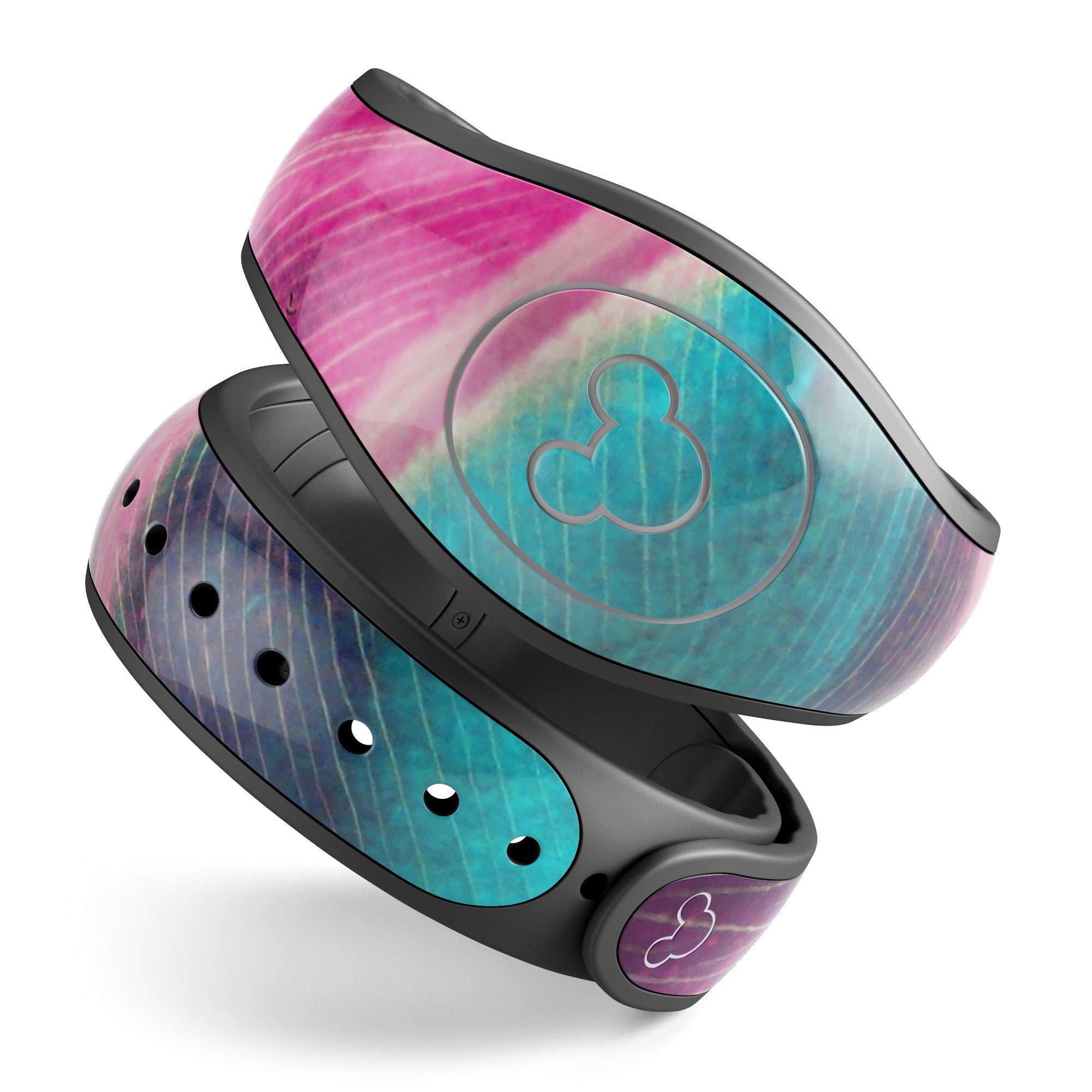 Neon pink and green leaf decal skin wrap for Disney Magic Band, showcasing vibrant colors and intricate design.