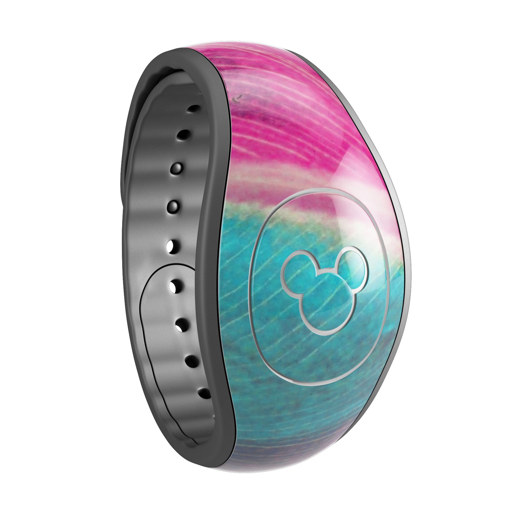 Neon pink and green leaf decal skin wrap for Disney Magic Band, showcasing vibrant colors and intricate design.