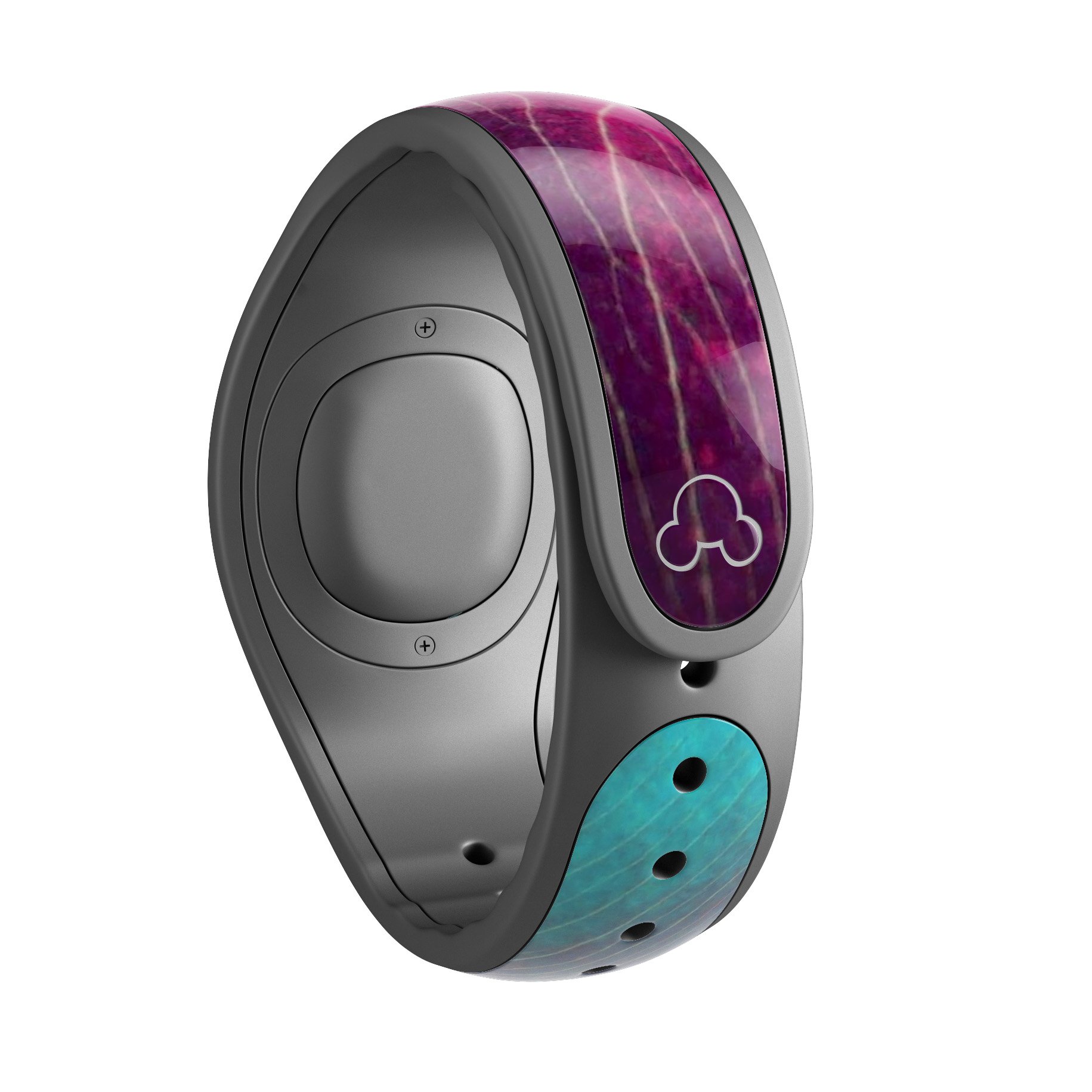 Neon pink and green leaf decal skin wrap for Disney Magic Band, showcasing vibrant colors and intricate design.