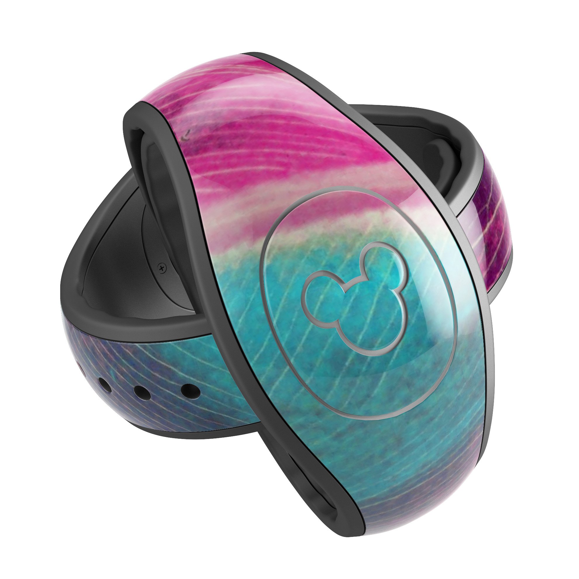 Neon pink and green leaf decal skin wrap for Disney Magic Band, showcasing vibrant colors and intricate design.