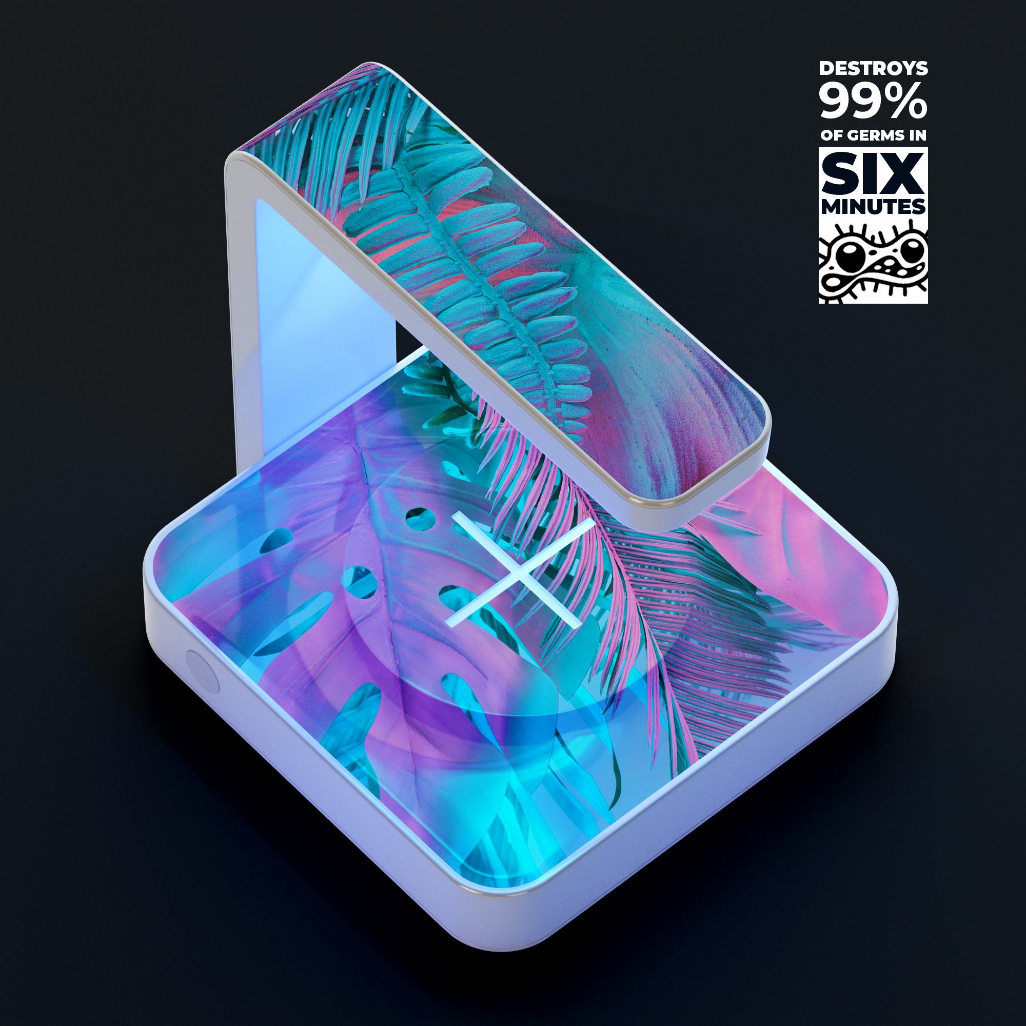 Neon Retro Paint Forest V1 UV Germicidal Sanitizing Sterilizing Wireless Charger with decorative skin and USB cable.