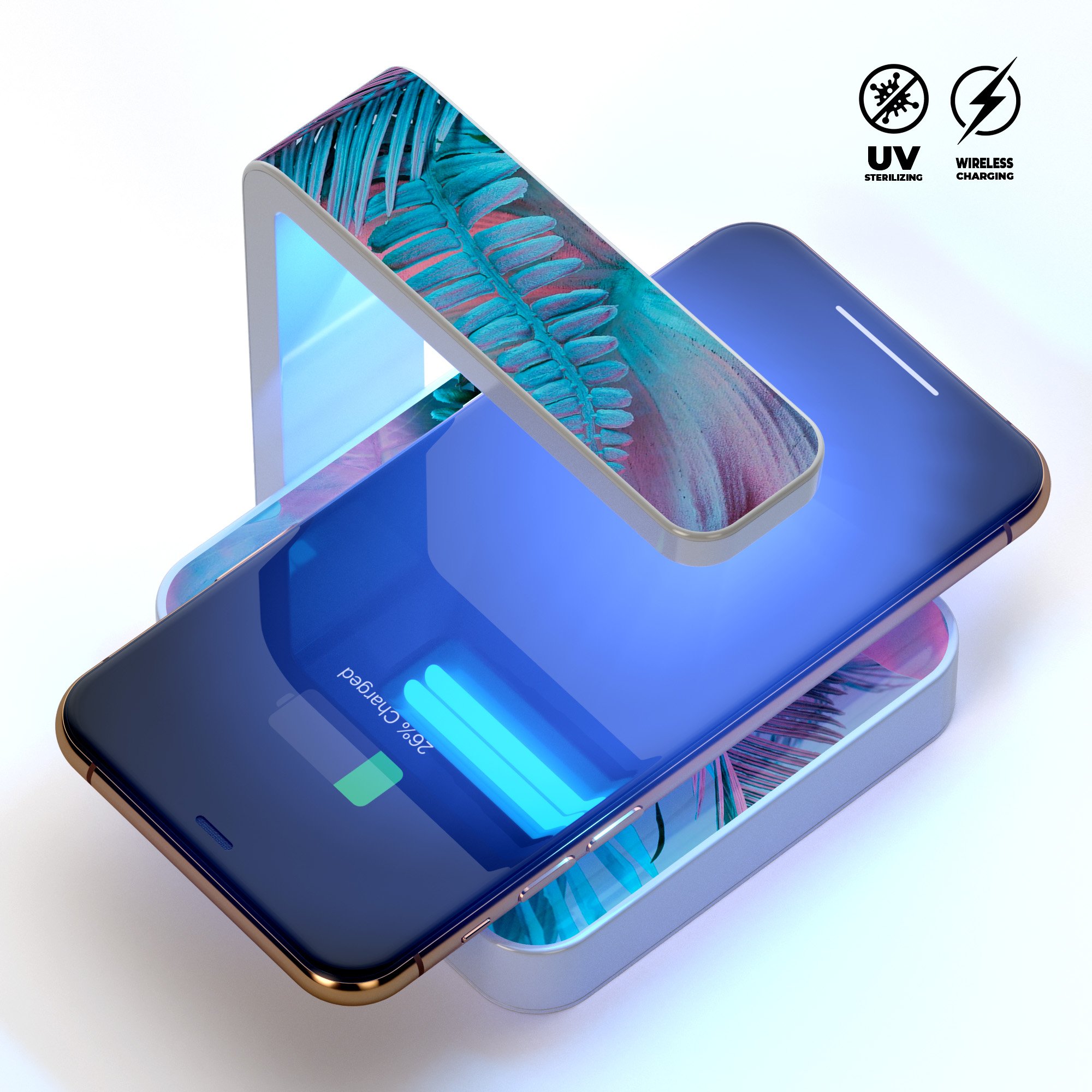 Neon Retro Paint Forest V1 UV Germicidal Sanitizing Sterilizing Wireless Charger with decorative skin and USB cable.