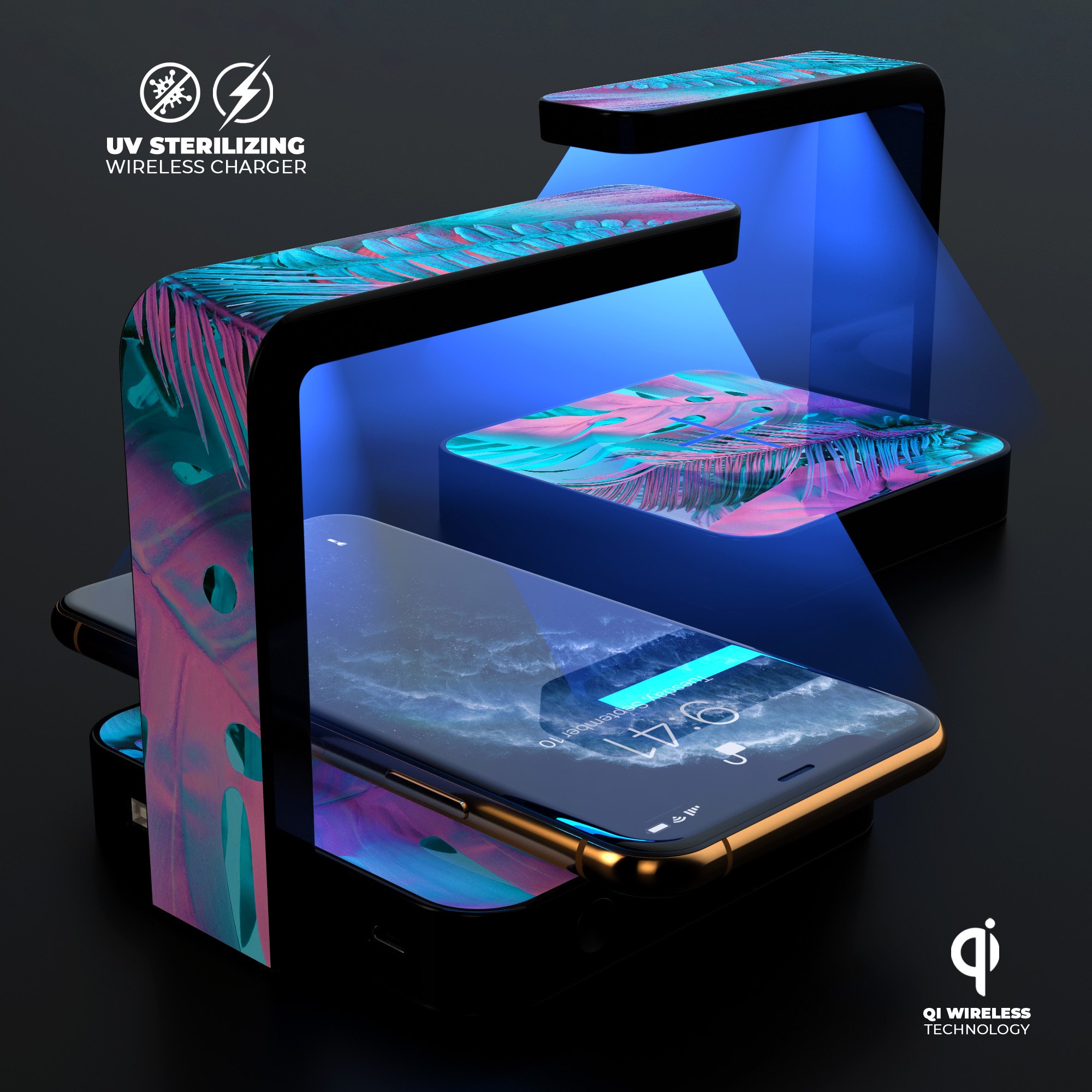 Neon Retro Paint Forest V1 UV Germicidal Sanitizing Sterilizing Wireless Charger with decorative skin and USB cable.