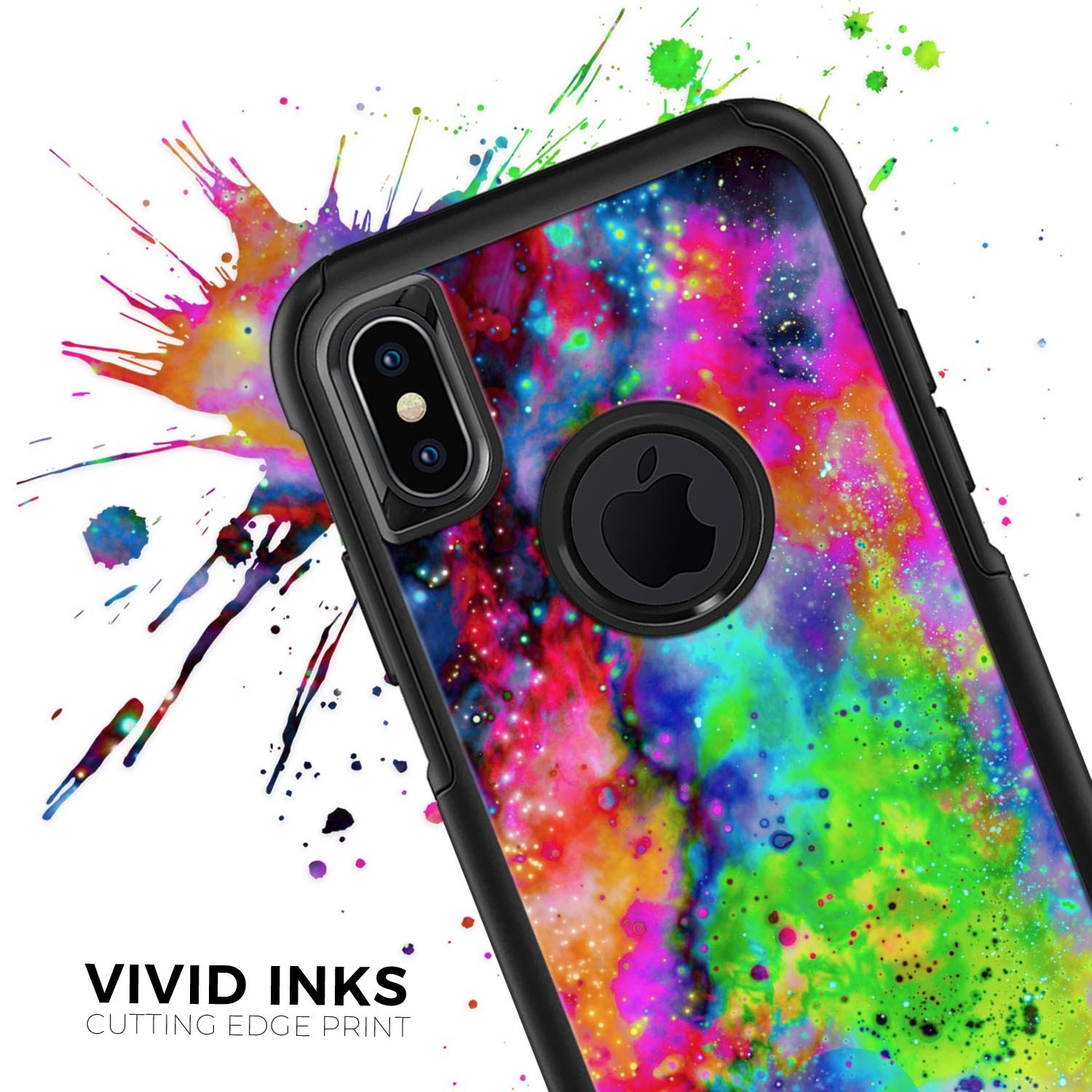 Neon Splatter Universe Skin Kit for iPhone OtterBox, showcasing vibrant colors and sleek design.