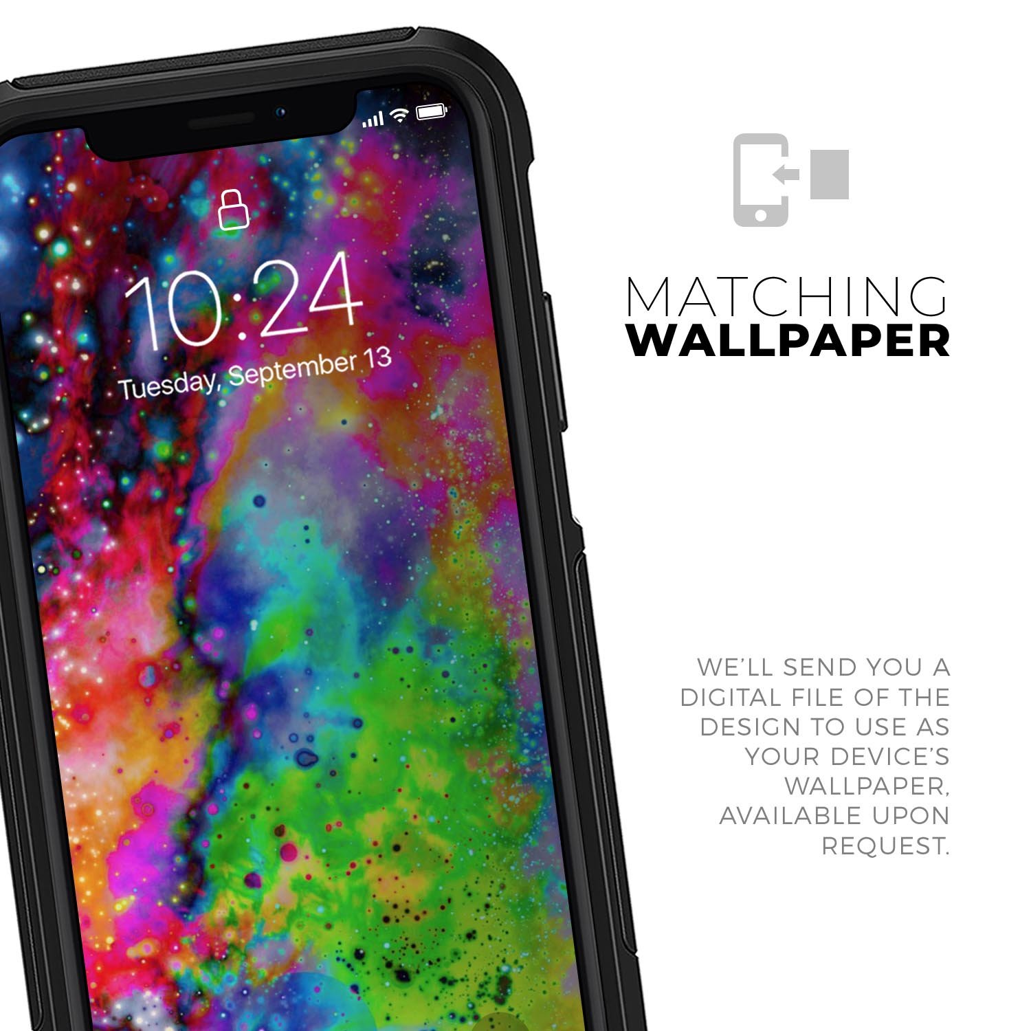 Neon Splatter Universe Skin Kit for iPhone OtterBox, showcasing vibrant colors and sleek design.