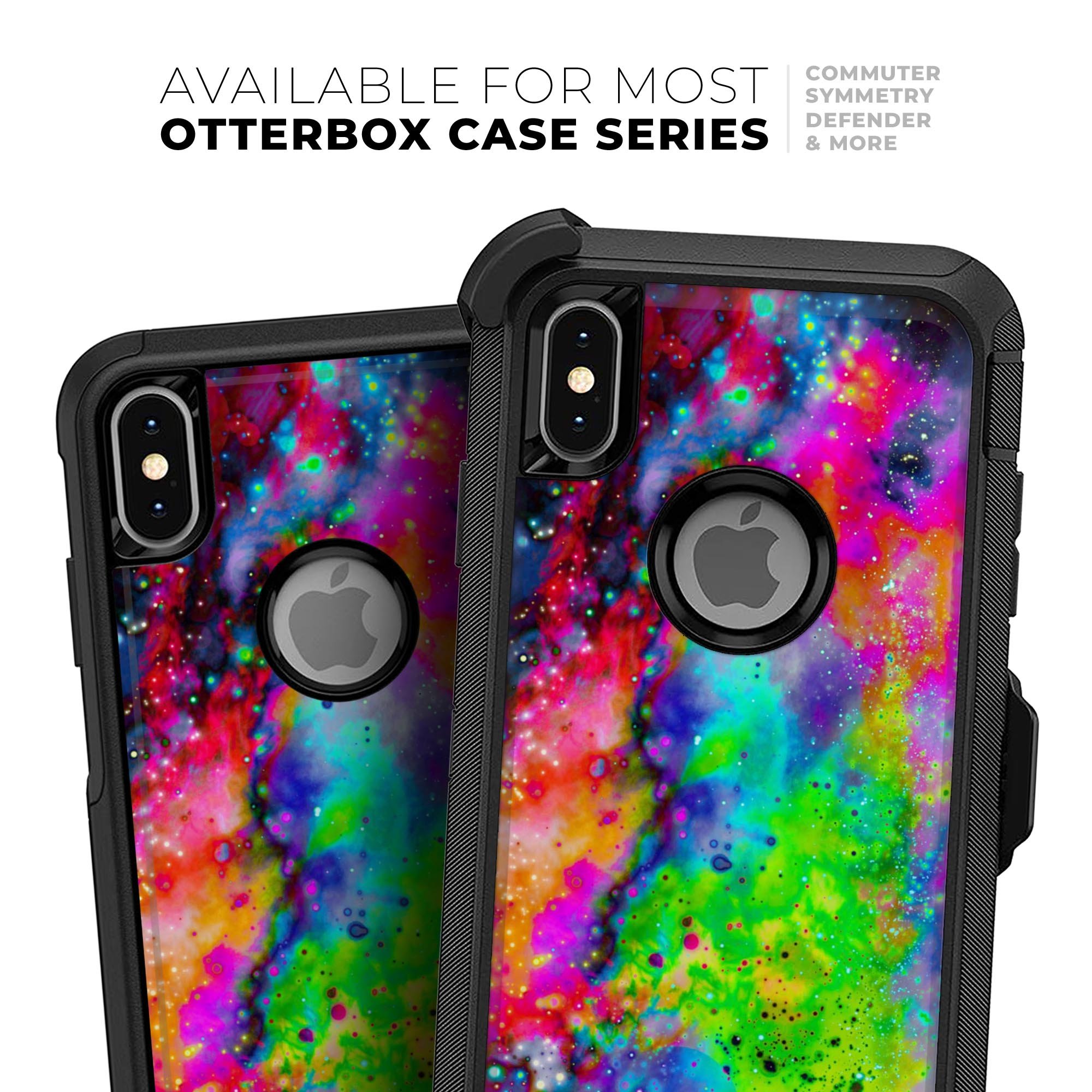 Neon Splatter Universe Skin Kit for iPhone OtterBox, showcasing vibrant colors and sleek design.