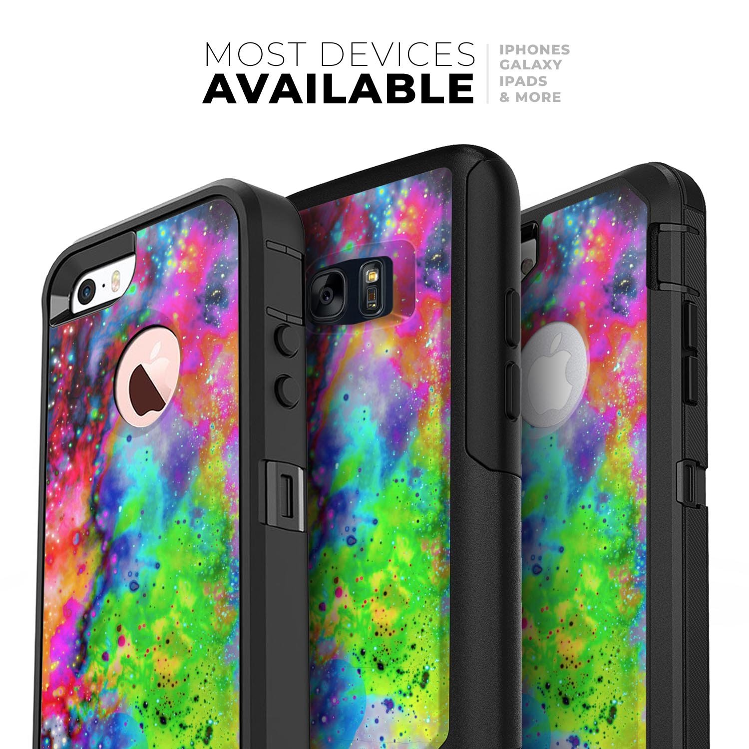 Neon Splatter Universe Skin Kit for iPhone OtterBox, showcasing vibrant colors and sleek design.