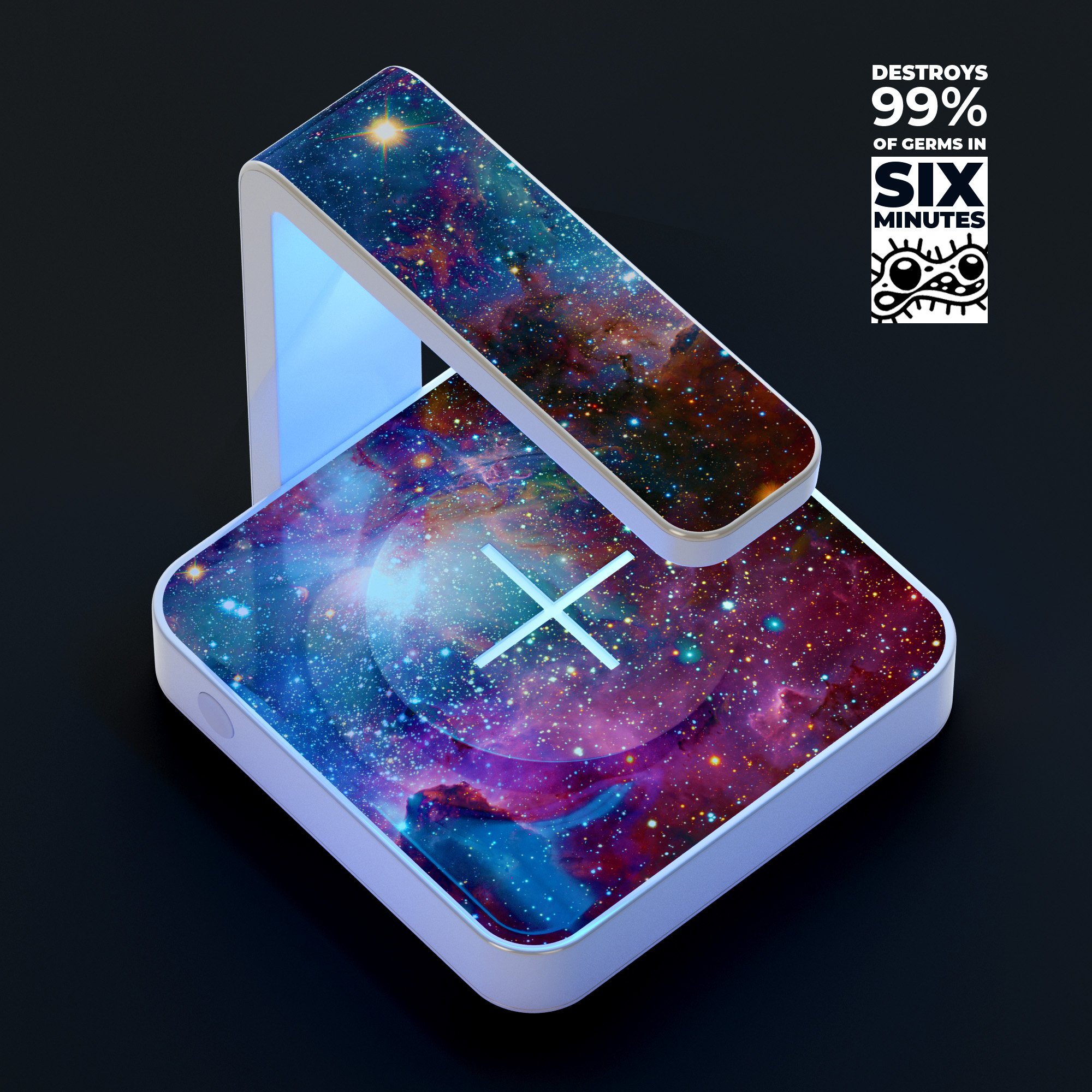 Neon SuperNova UV Germicidal Sanitizing Station with wireless charging feature, showcasing its sleek design and included accessories.