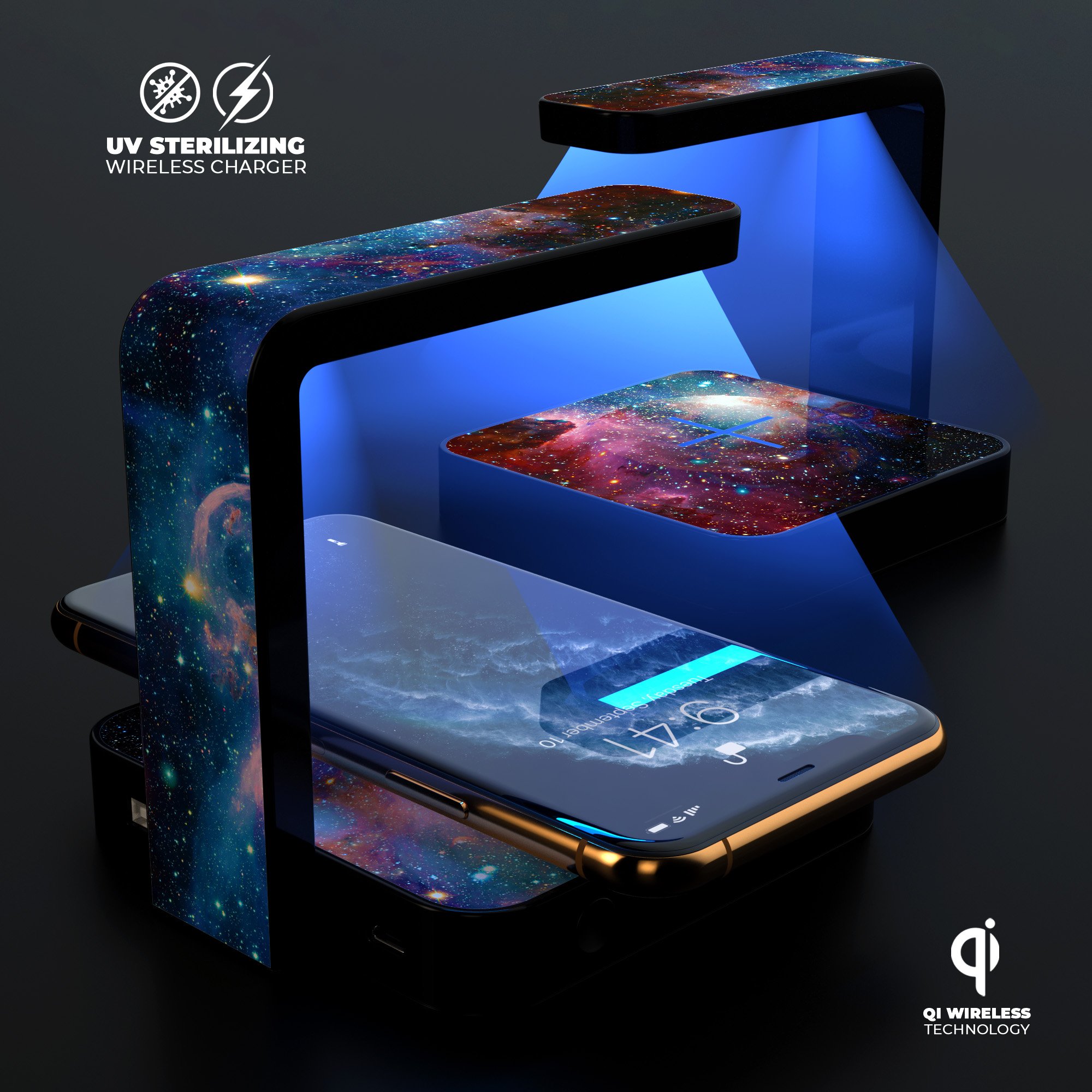 Neon SuperNova UV Germicidal Sanitizing Station with wireless charging feature, showcasing its sleek design and included accessories.