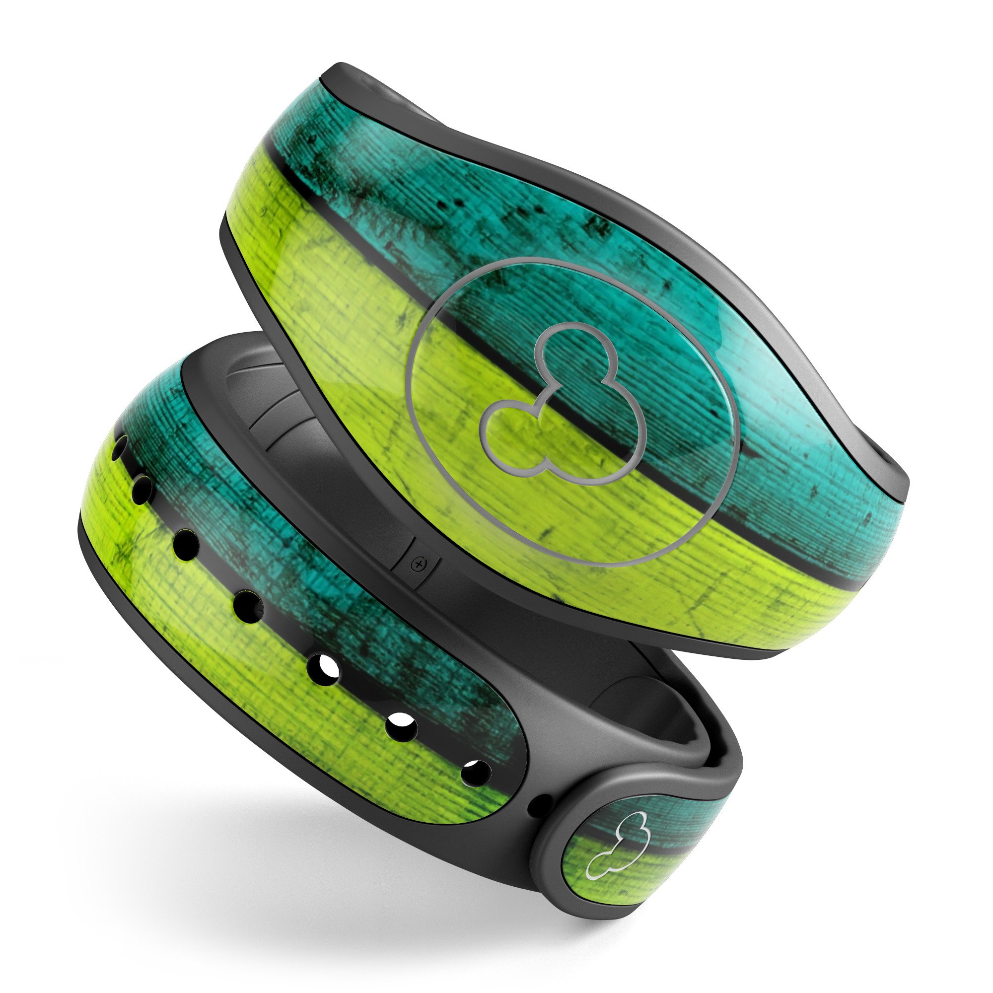 Neon Wood Planks decal skin wrap kit for Disney Magic Band, showcasing vibrant colors and unique design.