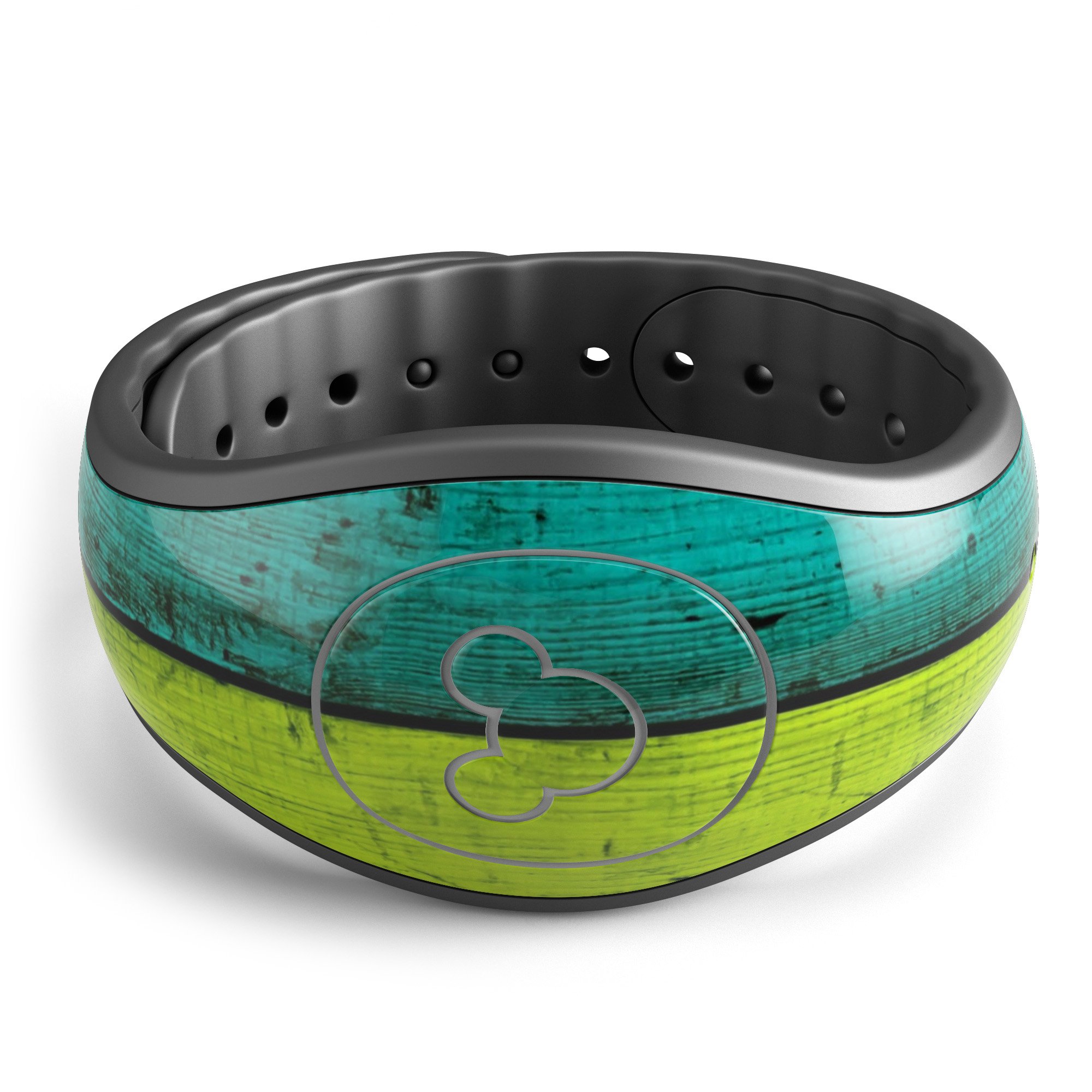 Neon Wood Planks decal skin wrap kit for Disney Magic Band, showcasing vibrant colors and unique design.