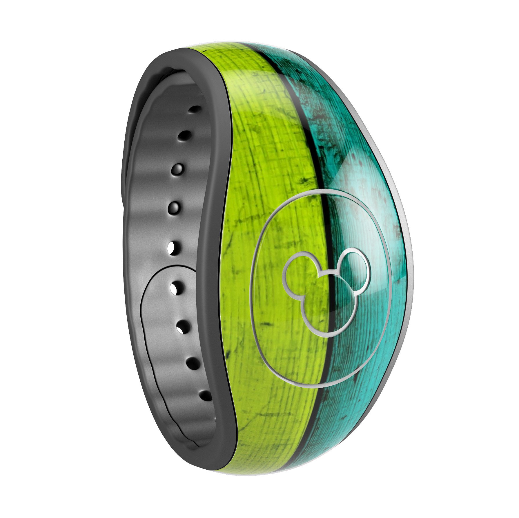 Neon Wood Planks decal skin wrap kit for Disney Magic Band, showcasing vibrant colors and unique design.