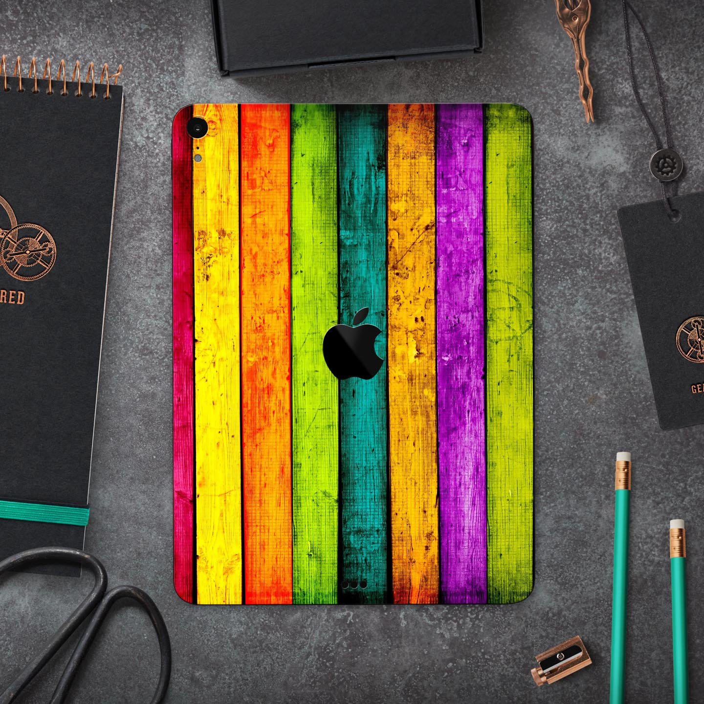 Neon Wood Planks skin decal for Apple iPad Pro 12.9", showcasing vibrant wood design and ultra-thin protection.