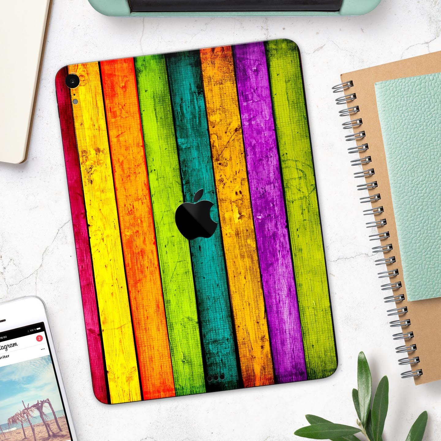 Neon Wood Planks skin decal for Apple iPad Pro 12.9", showcasing vibrant wood design and ultra-thin protection.