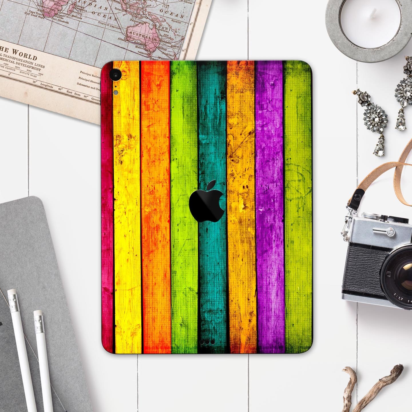 Neon Wood Planks skin decal for Apple iPad Pro 12.9", showcasing vibrant wood design and ultra-thin protection.
