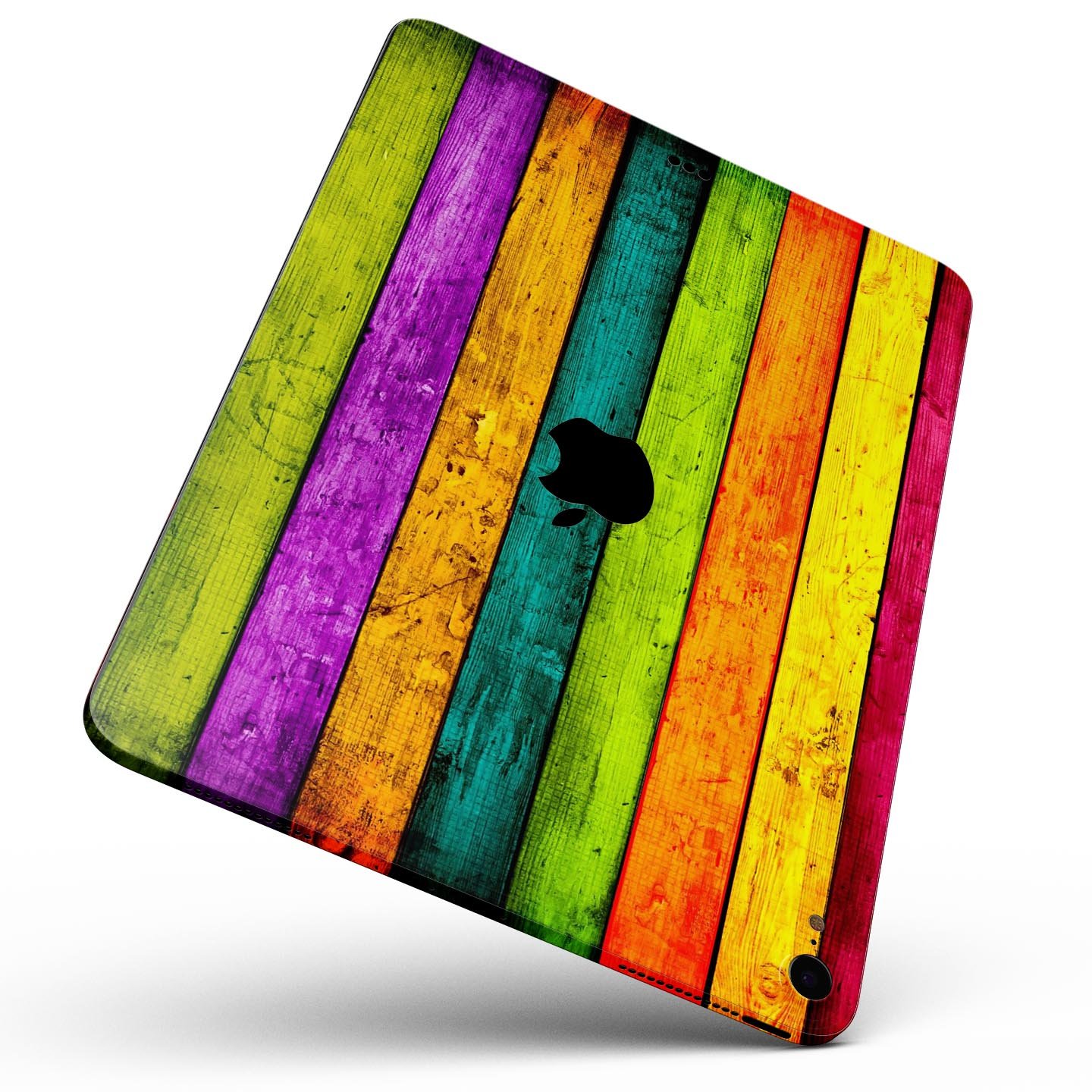 Neon Wood Planks skin decal for Apple iPad Pro 12.9", showcasing vibrant wood design and ultra-thin protection.