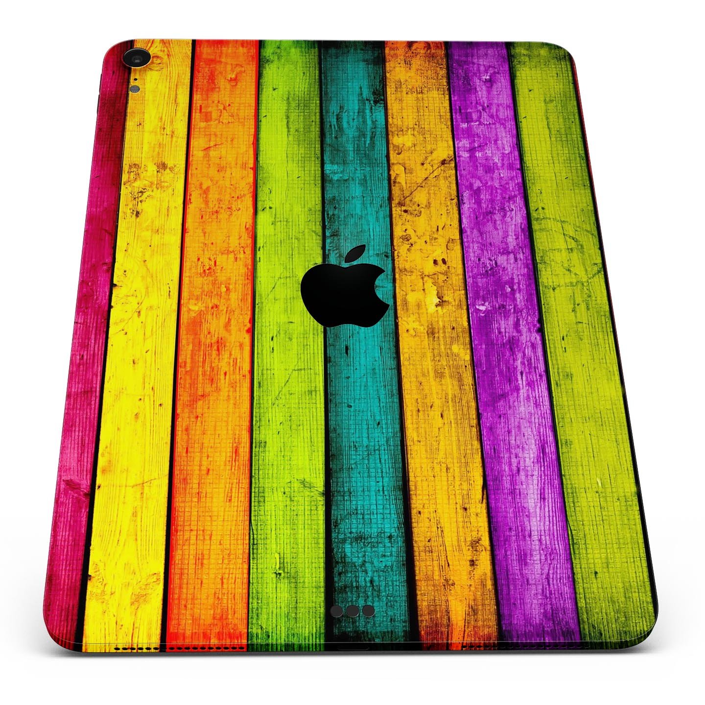 Neon Wood Planks skin decal for Apple iPad Pro 12.9", showcasing vibrant wood design and ultra-thin protection.