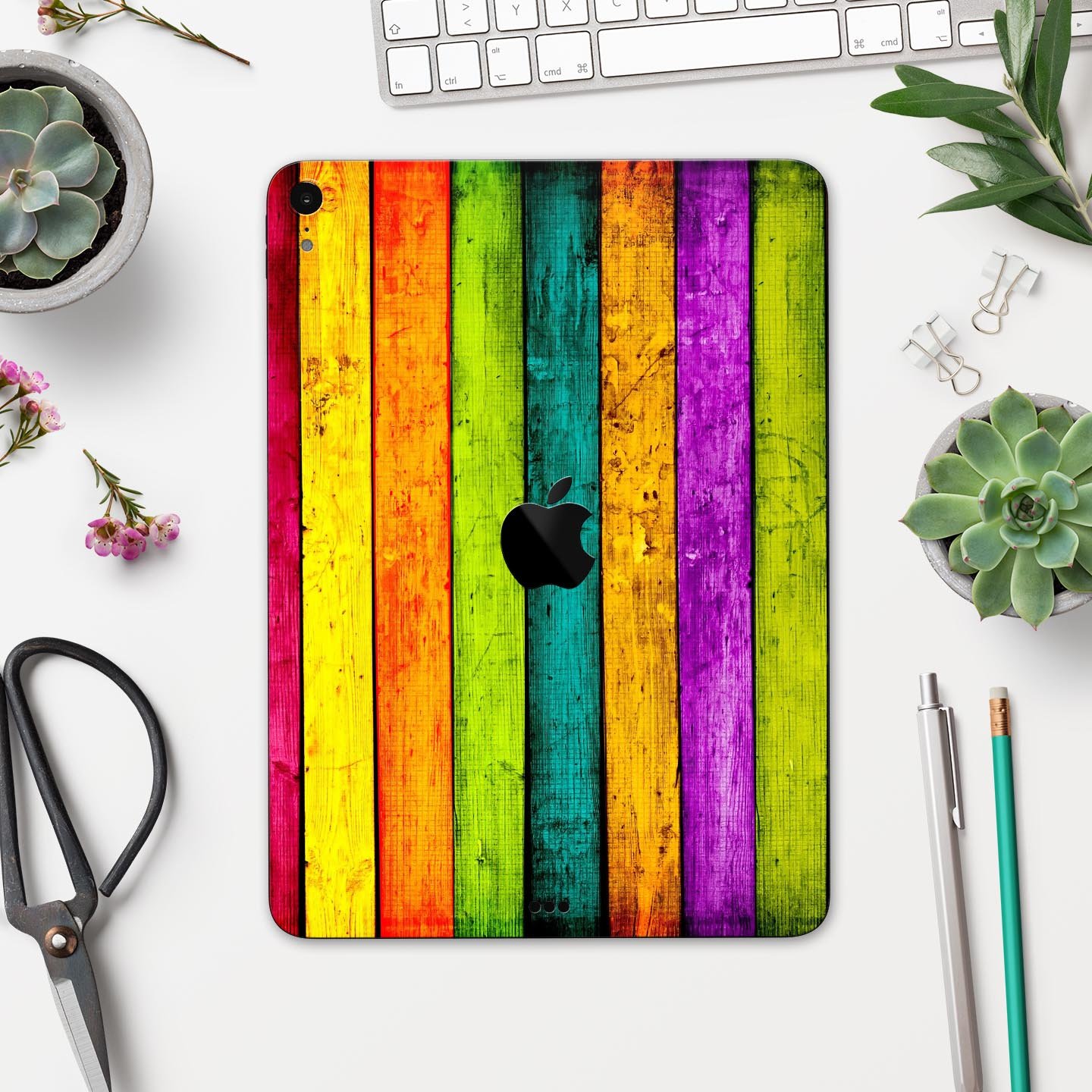 Neon Wood Planks skin decal for Apple iPad Pro 12.9", showcasing vibrant wood design and ultra-thin protection.