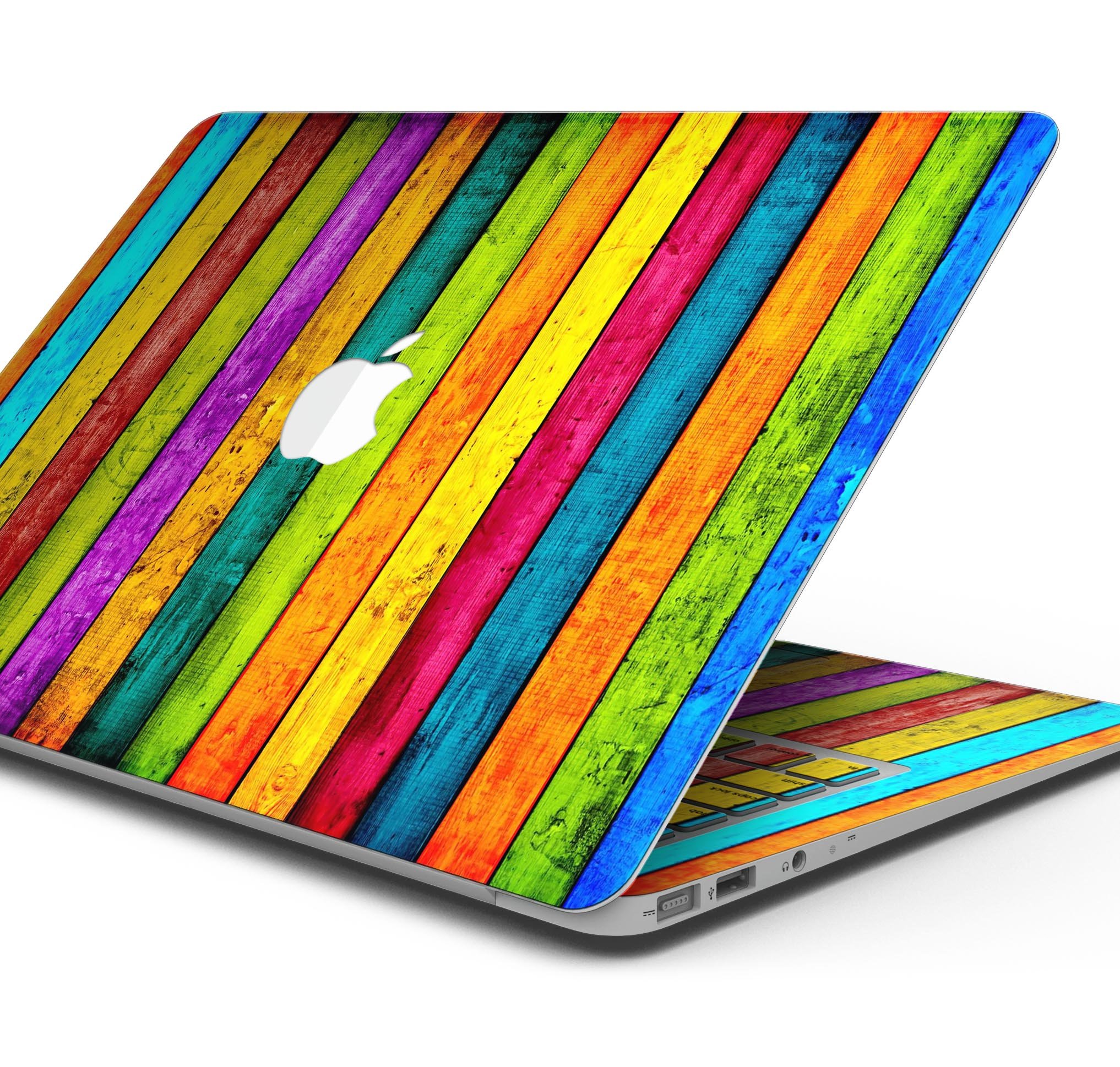 Neon Wood Planks skin decal wrap kit for Apple MacBook, showcasing vibrant colors and premium vinyl material.