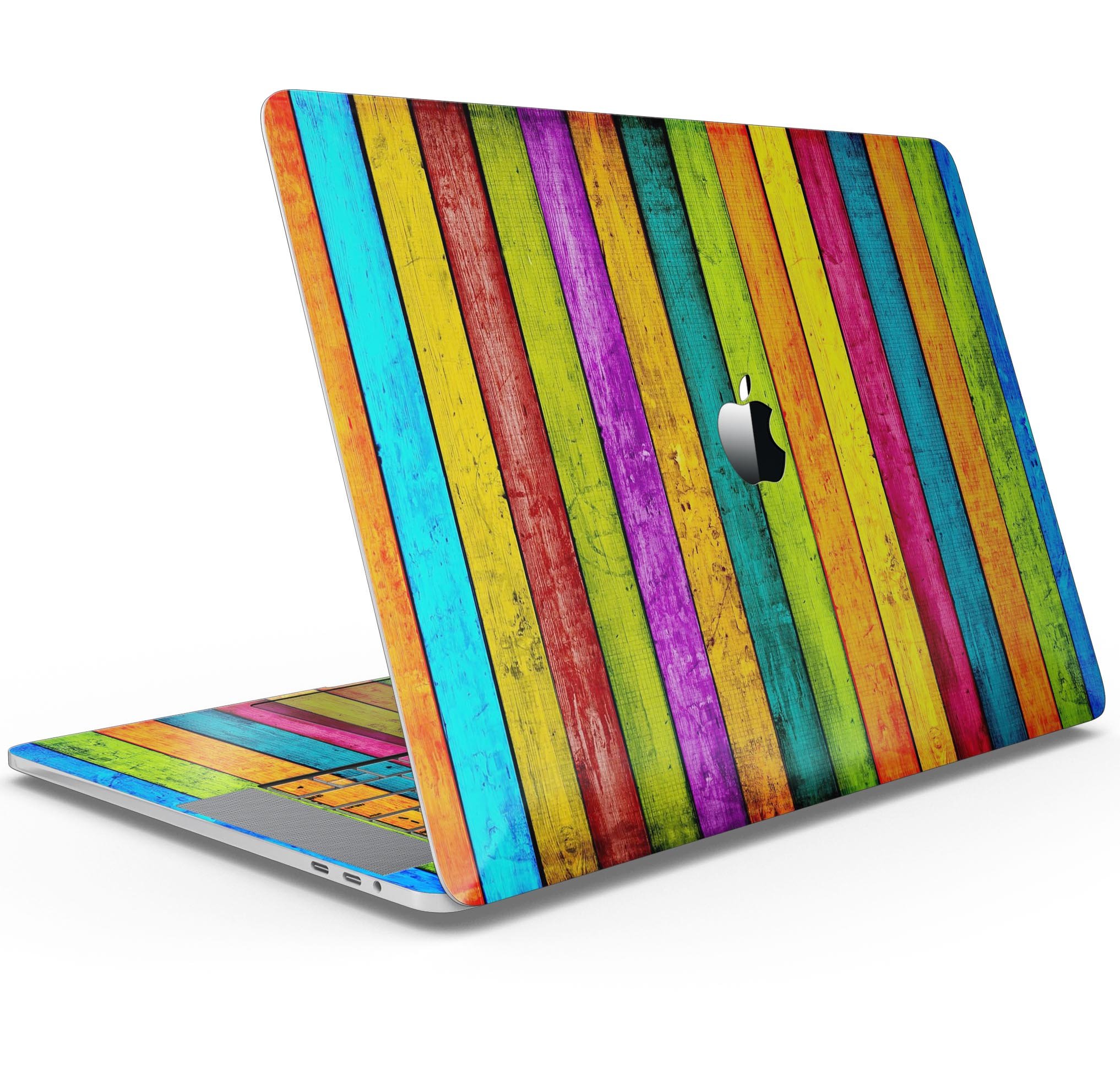 Neon Wood Planks skin decal wrap kit for Apple MacBook, showcasing vibrant colors and premium vinyl material.