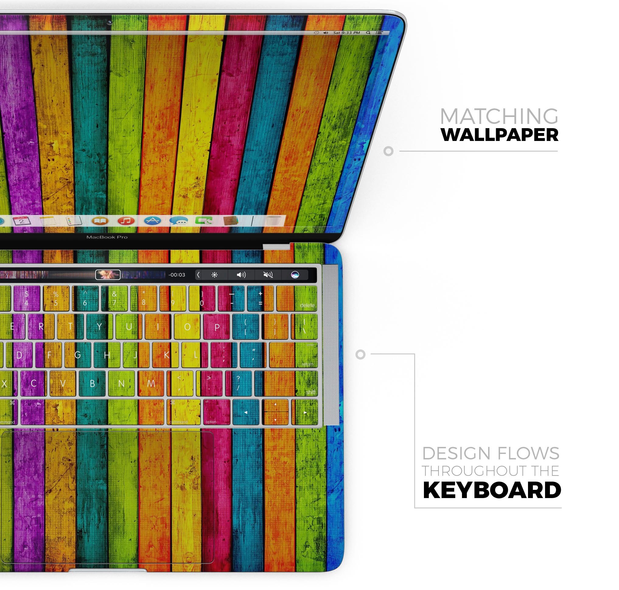 Neon Wood Planks skin decal wrap kit for Apple MacBook, showcasing vibrant colors and premium vinyl material.