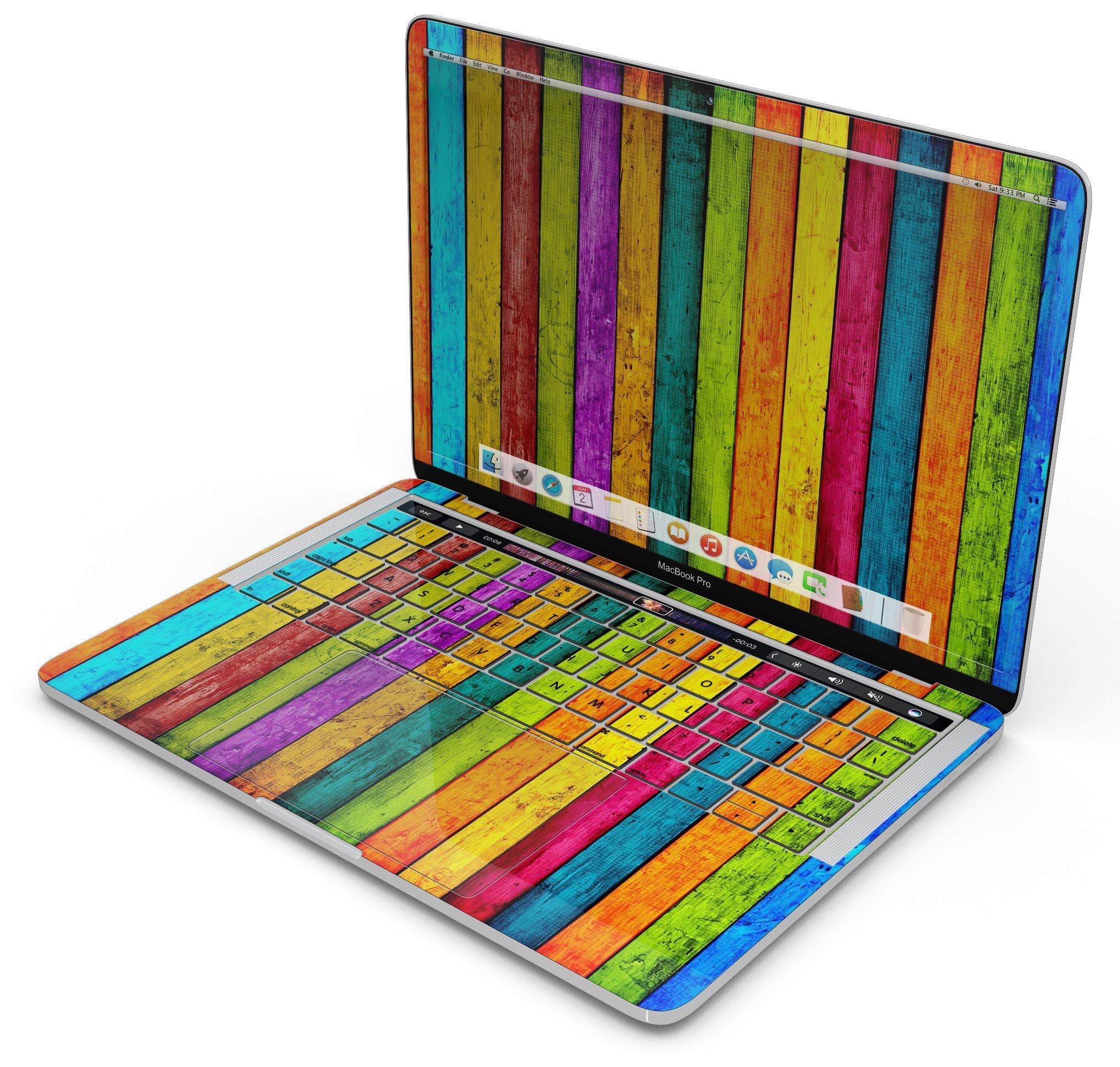 Neon Wood Planks skin decal wrap kit for Apple MacBook, showcasing vibrant colors and premium vinyl material.