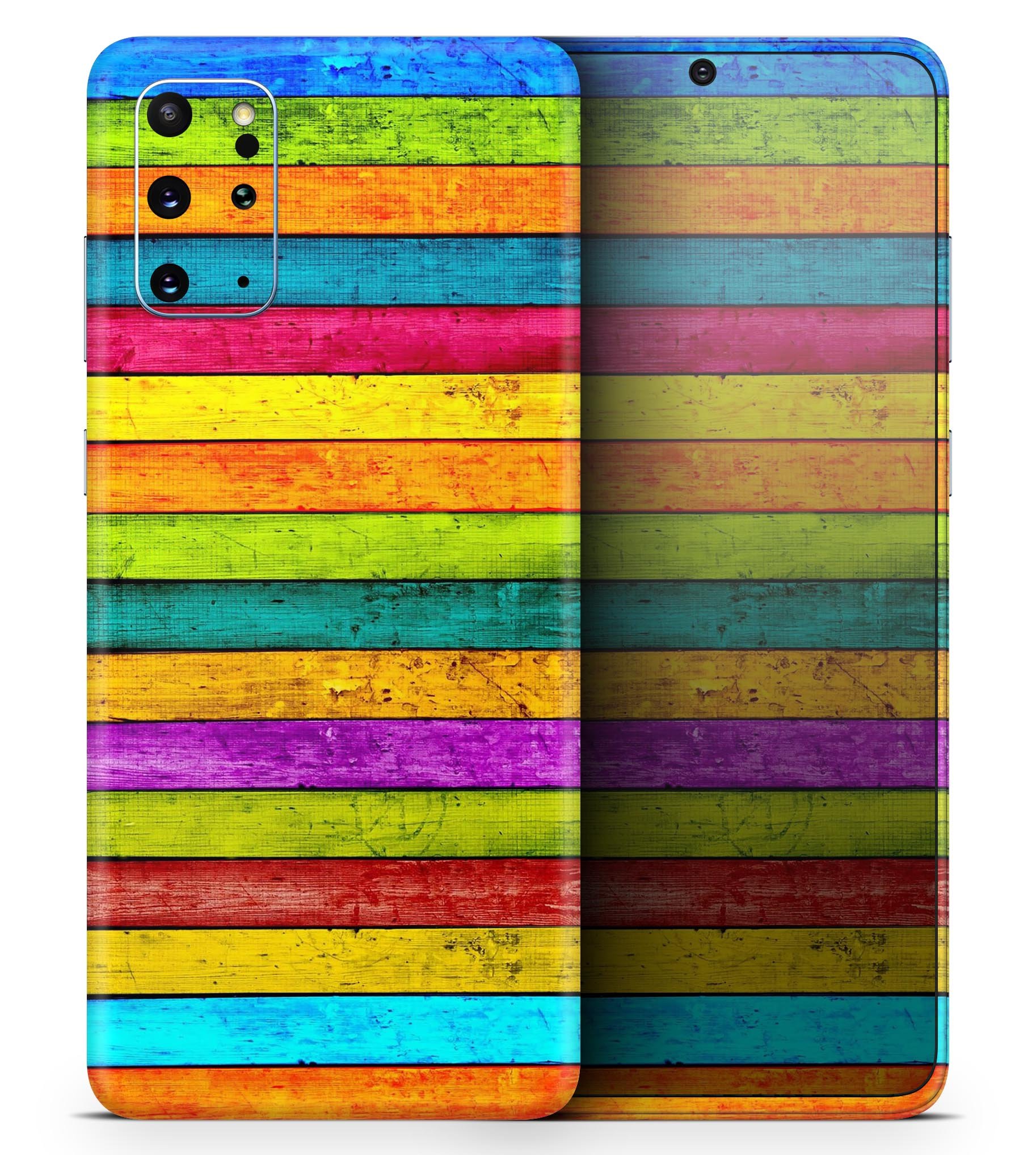 Neon Wood Planks skin applied to a Samsung Galaxy S20, showcasing vibrant colors and sleek design.