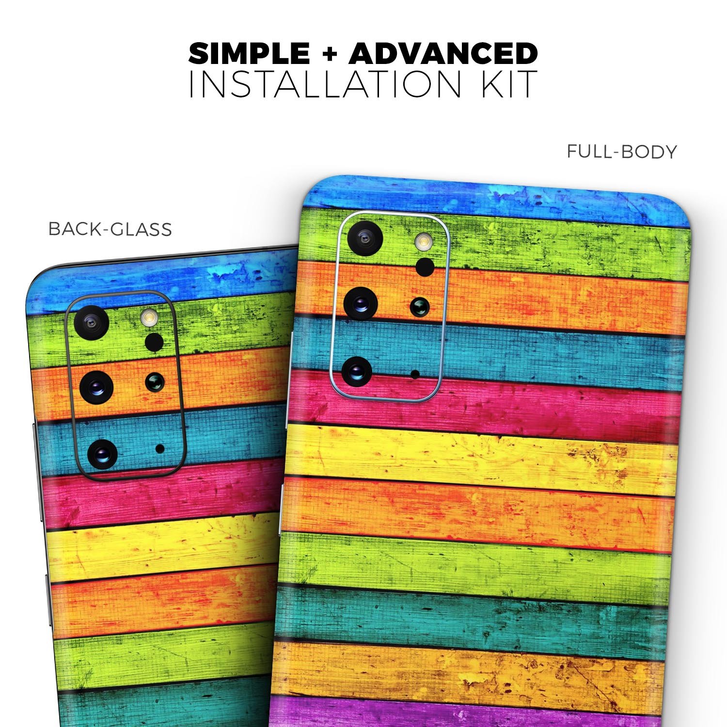 Neon Wood Planks skin applied to a Samsung Galaxy S20, showcasing vibrant colors and sleek design.