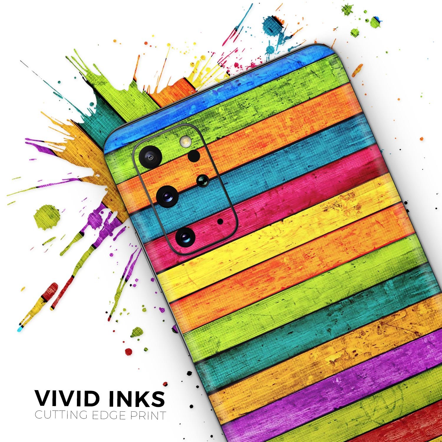 Neon Wood Planks skin applied to a Samsung Galaxy S20, showcasing vibrant colors and sleek design.