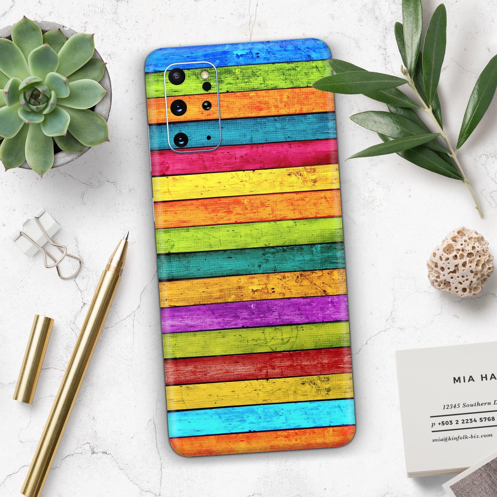 Neon Wood Planks skin applied to a Samsung Galaxy S20, showcasing vibrant colors and sleek design.