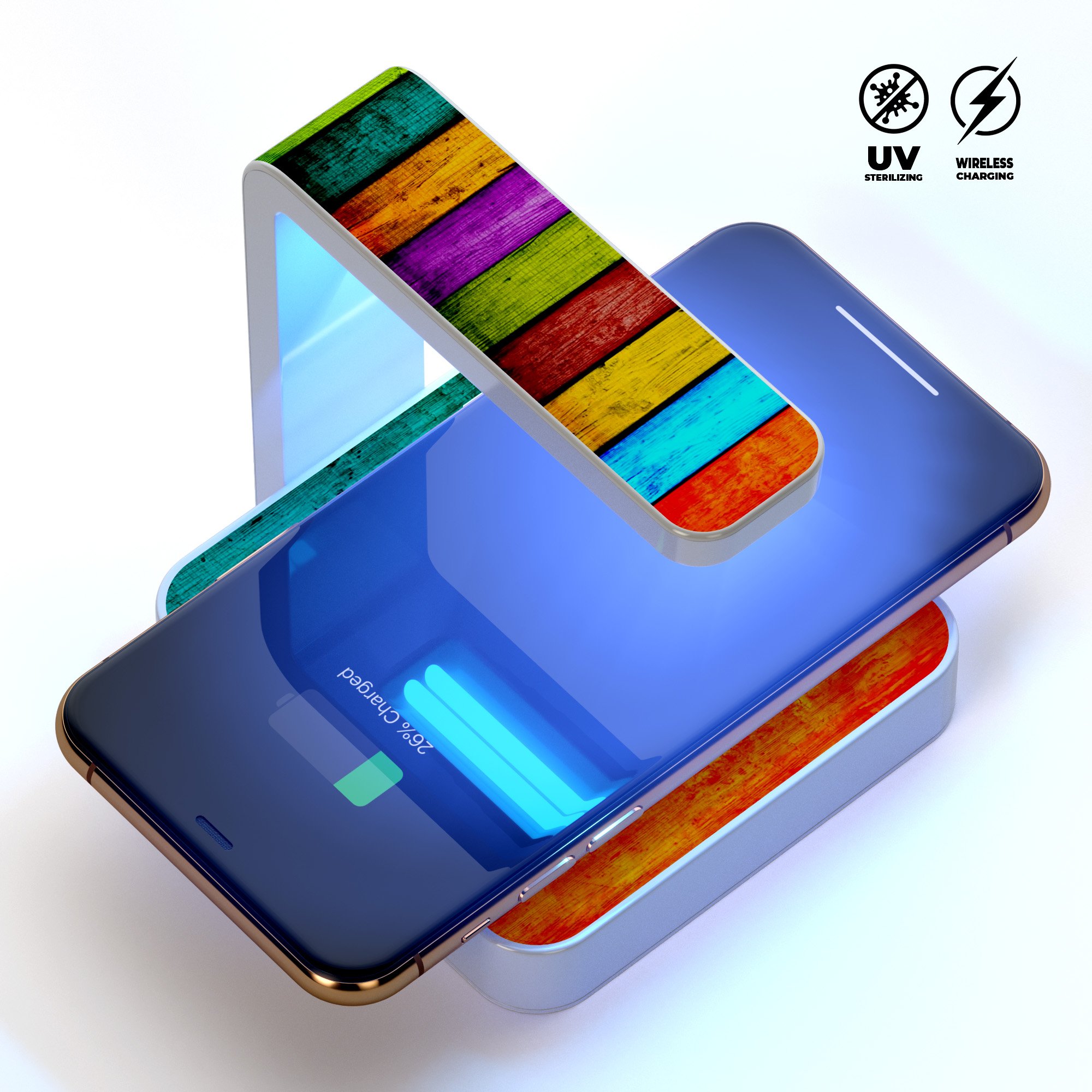 Neon Wood Planks UV Germicidal Sanitizing Wireless Charger with decorative skin, USB cable, and phone sterilizing features.
