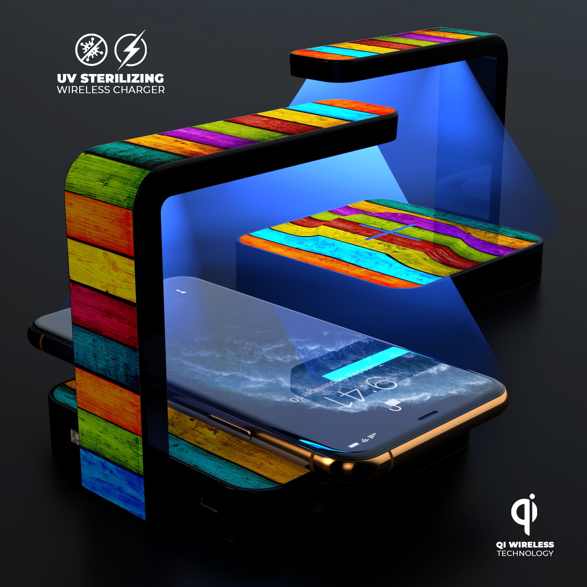 Neon Wood Planks UV Germicidal Sanitizing Wireless Charger with decorative skin, USB cable, and phone sterilizing features.