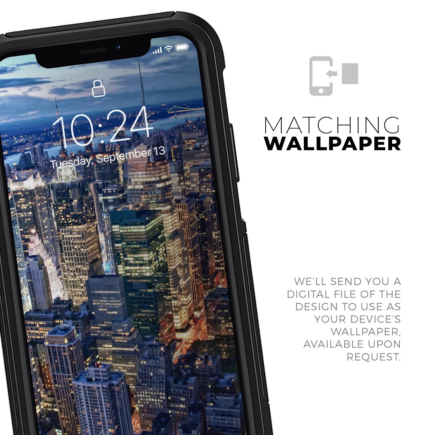 Night Aerial NYC Skin Kit for iPhone OtterBox Cases featuring vibrant city skyline design and ultra-thin protection.