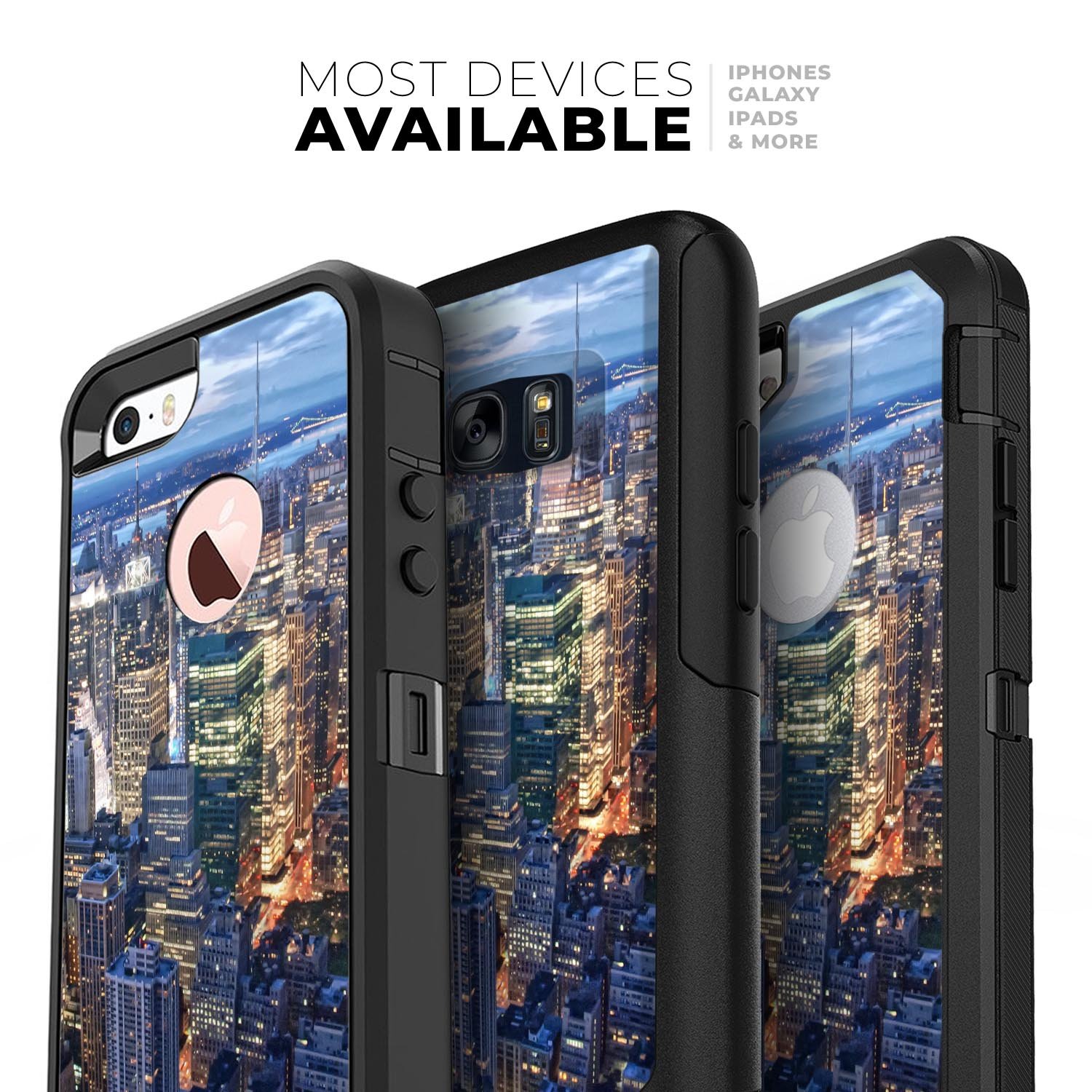 Night Aerial NYC Skin Kit for iPhone OtterBox Cases featuring vibrant city skyline design and ultra-thin protection.