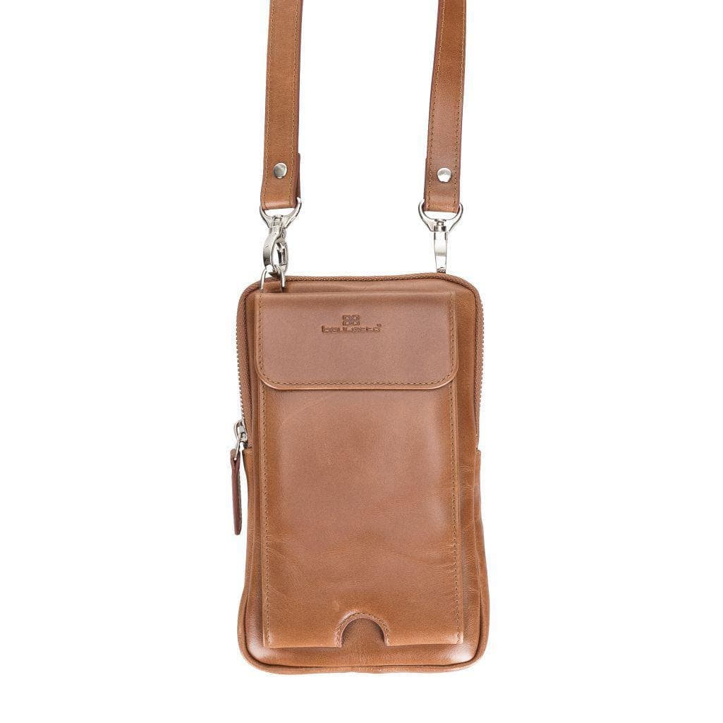 Nino Leather Crossbody Bag in genuine leather, featuring adjustable strap and multiple compartments for phones and cards.