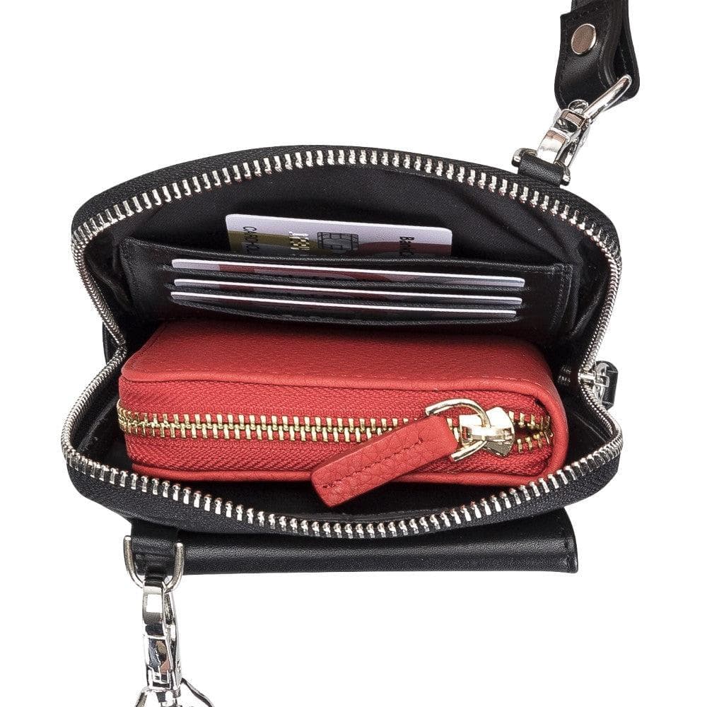 Nino Leather Crossbody Bag in genuine leather, featuring adjustable strap and multiple compartments for phones and cards.
