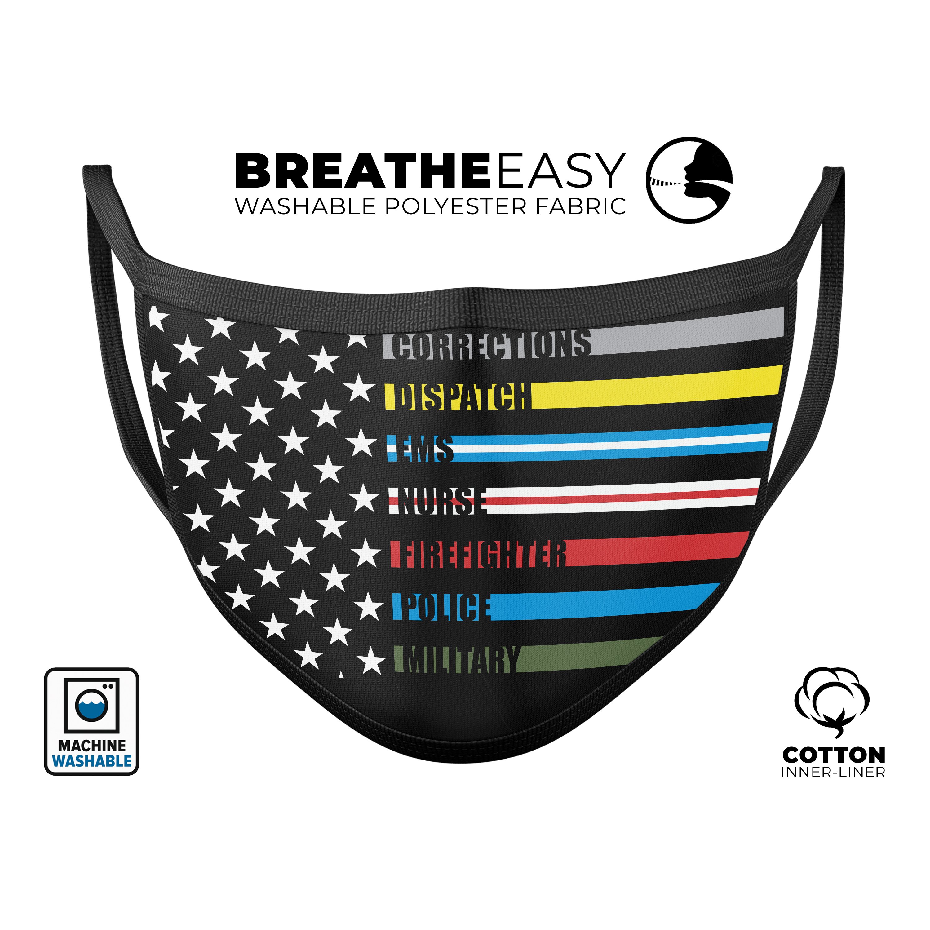 No One Fights Alone V2 mouth cover, made in the USA, featuring a comfortable design with adjustable ear-loops and vibrant dye-sublimated print.