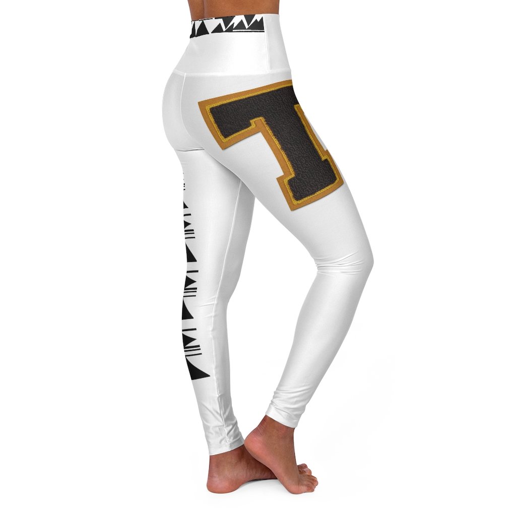 Noir Geo Yoga Leggings featuring a geometric pattern, double layer waistband, and skinny fit, ideal for workouts and casual wear.