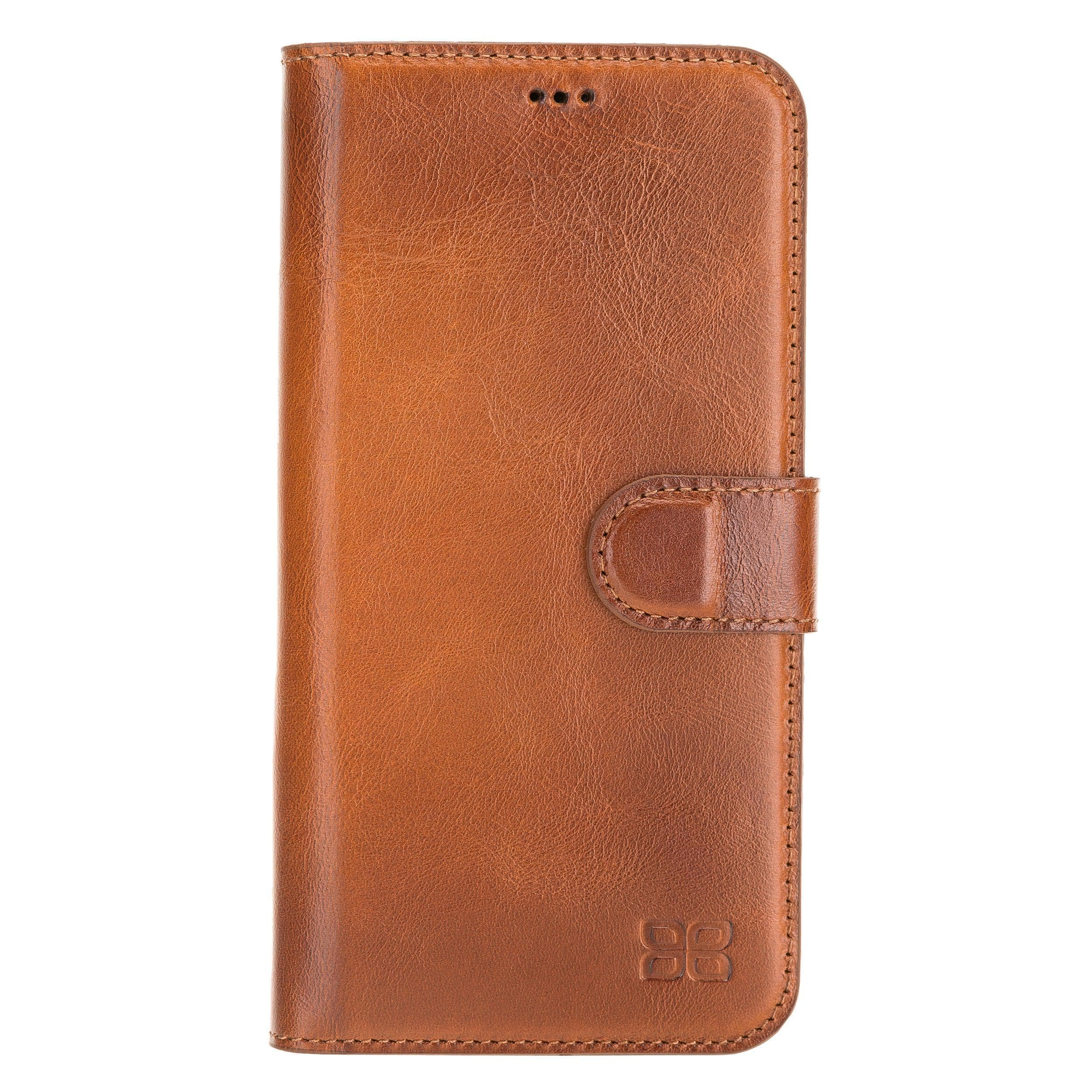 Bouletta Non Detachable Leather Wallet Case for Apple iPhone 12 Series in brown, showcasing card slots and banknotes compartment.