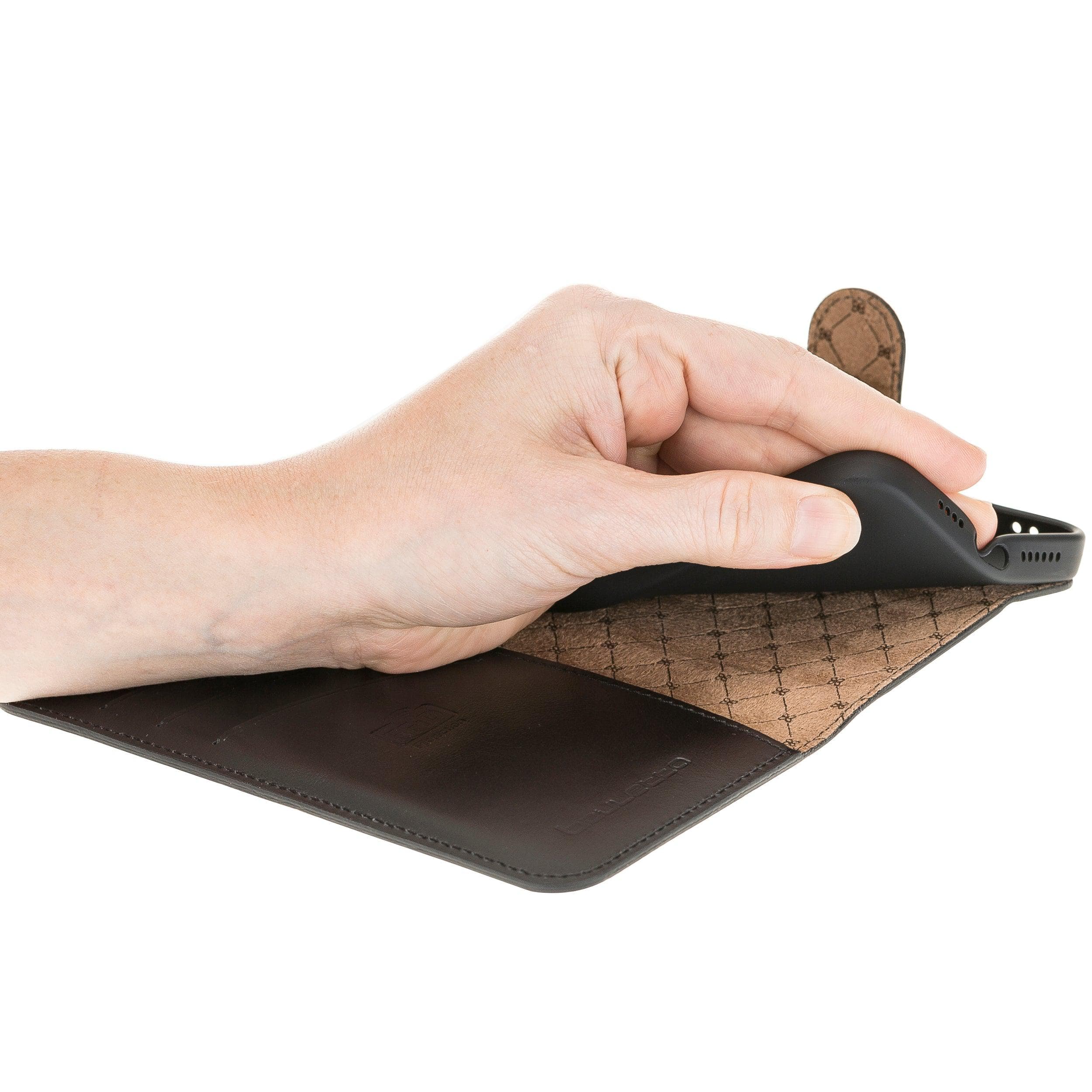 Bouletta Non Detachable Leather Wallet Case for Apple iPhone 12 Series in brown, showcasing card slots and banknotes compartment.