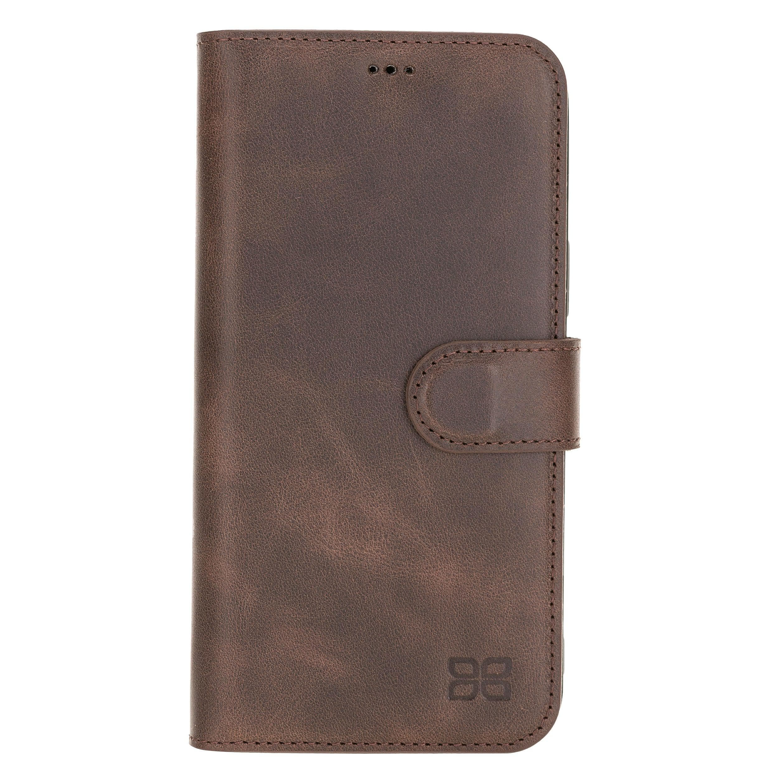Bouletta Non Detachable Leather Wallet Case for Apple iPhone 12 Series in brown, showcasing card slots and banknotes compartment.