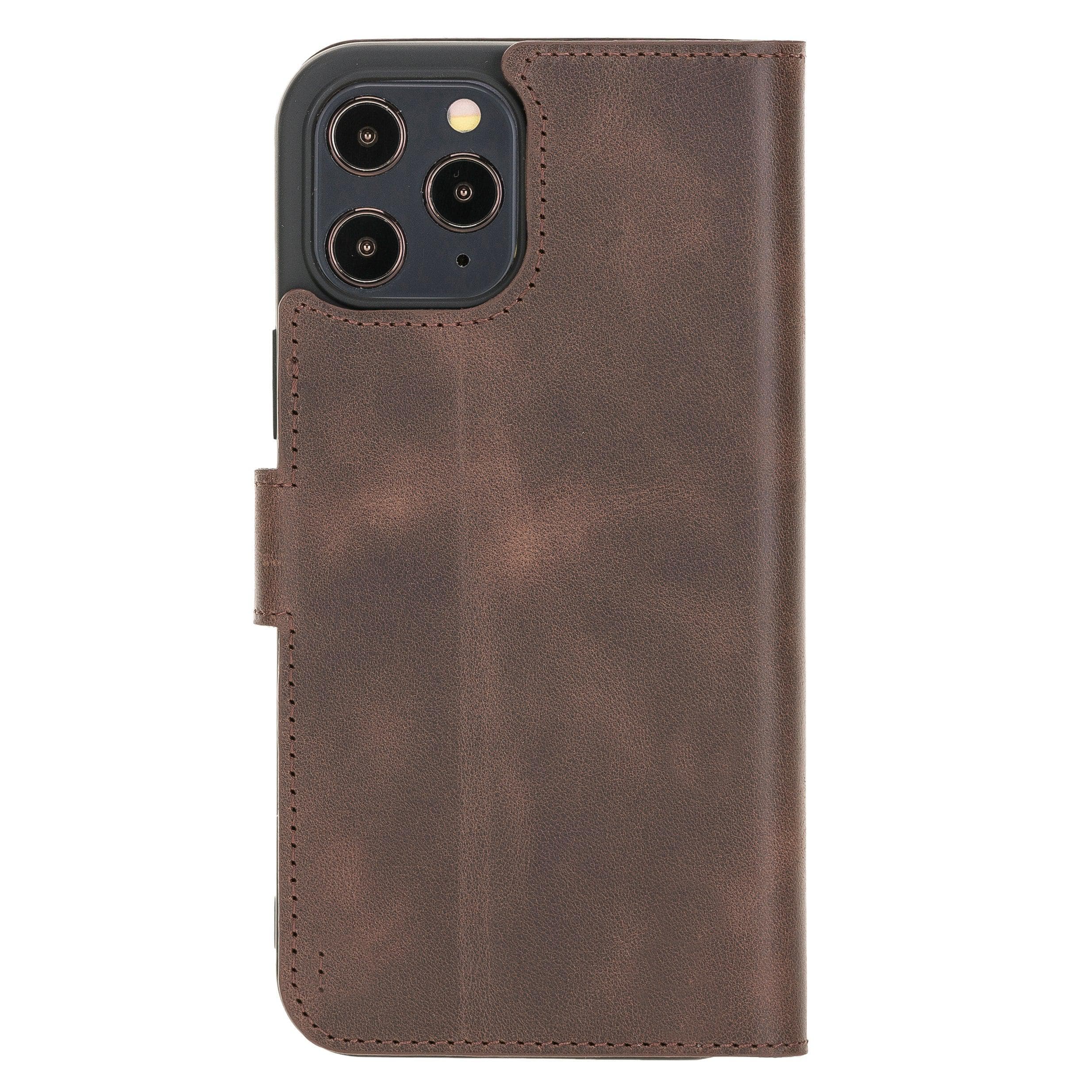 Bouletta Non Detachable Leather Wallet Case for Apple iPhone 12 Series in brown, showcasing card slots and banknotes compartment.