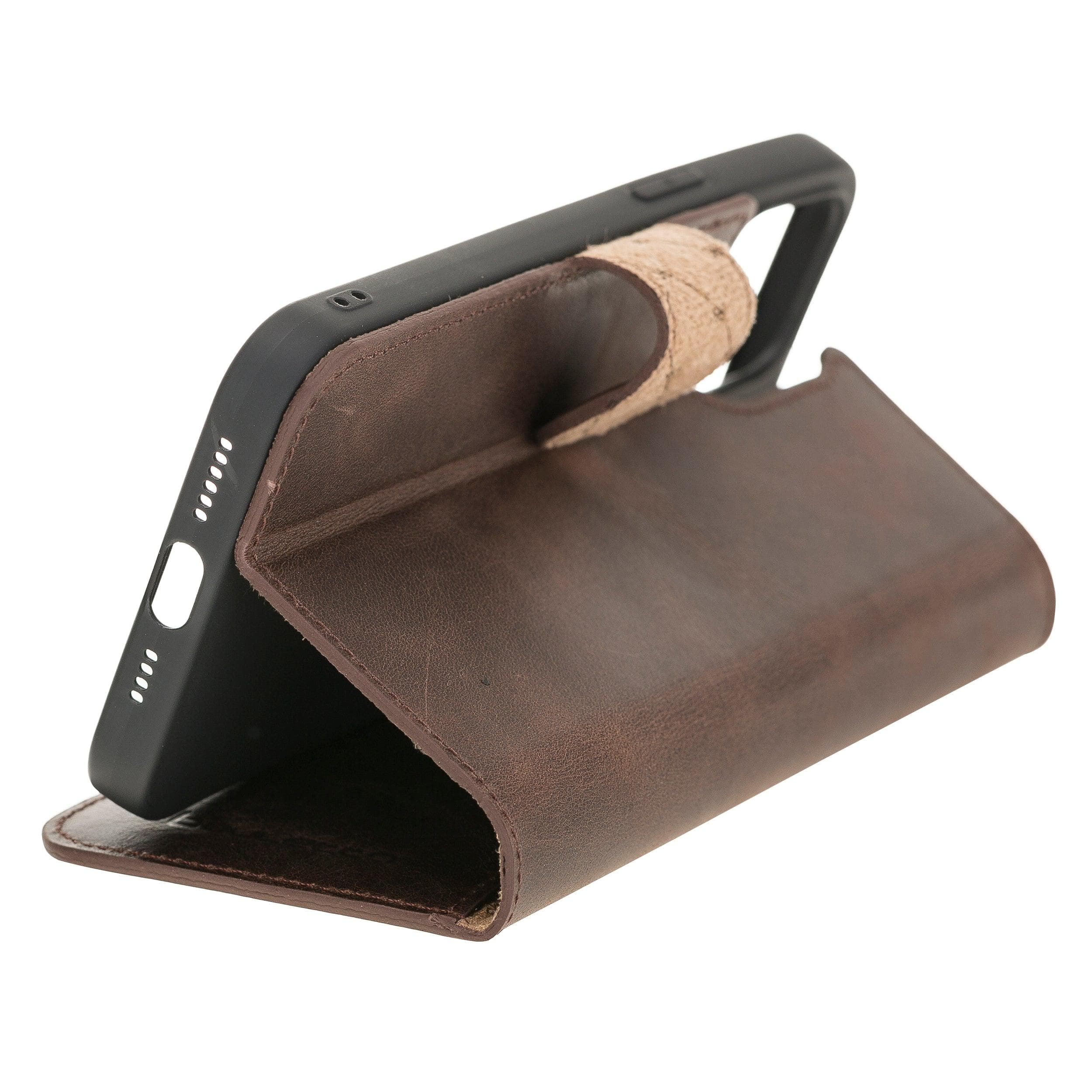 Bouletta Non Detachable Leather Wallet Case for Apple iPhone 12 Series in brown, showcasing card slots and banknotes compartment.