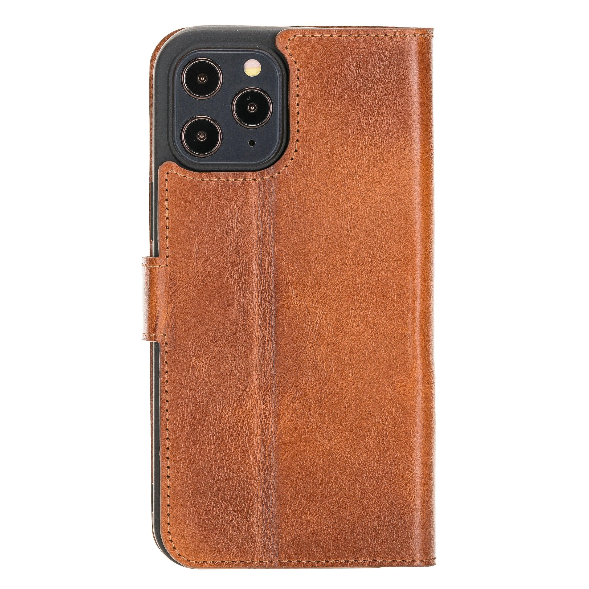 Bouletta Non Detachable Leather Wallet Case for Apple iPhone 12 Series in brown, showcasing card slots and banknotes compartment.
