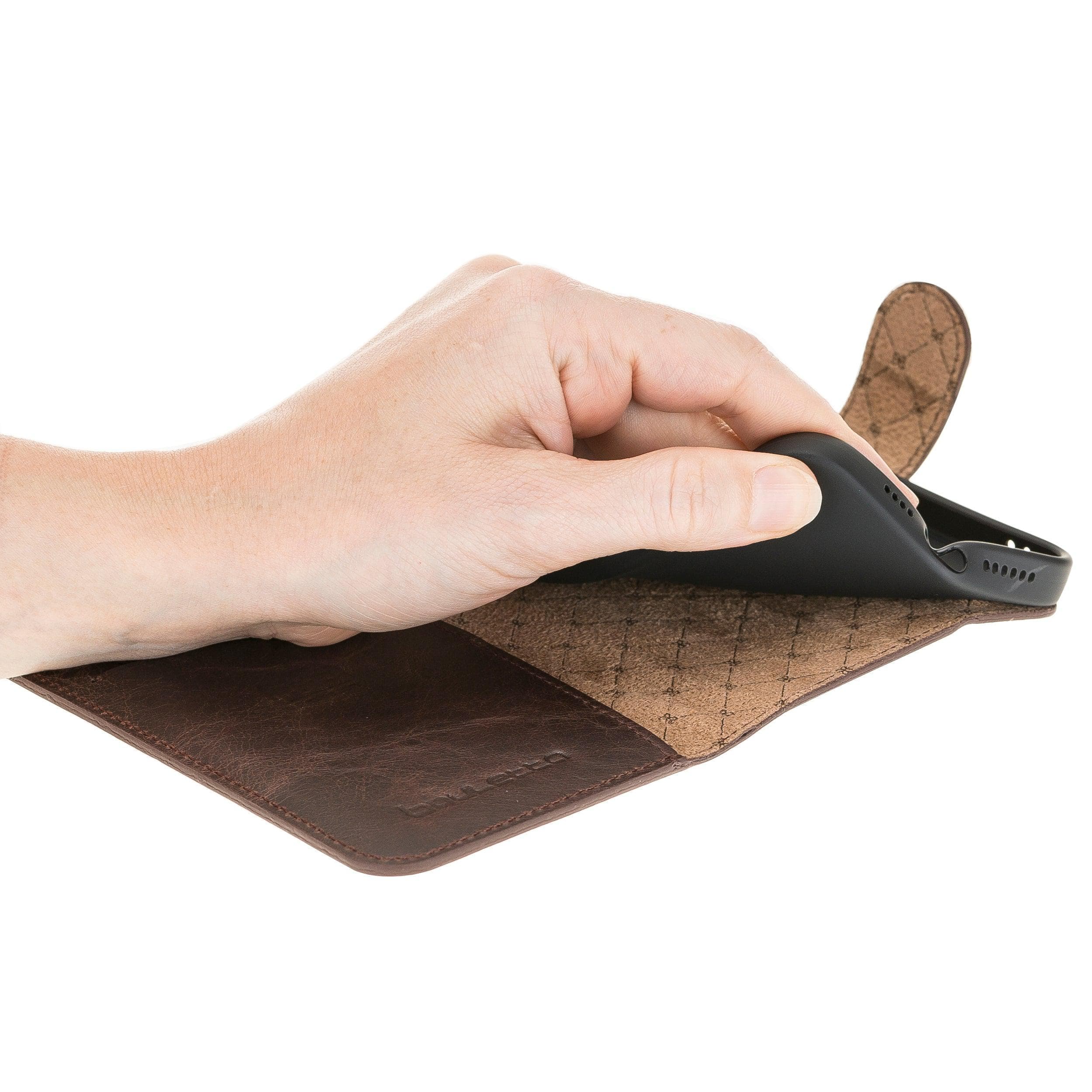 Bouletta Non Detachable Leather Wallet Case for Apple iPhone 12 Series in brown, showcasing card slots and banknotes compartment.